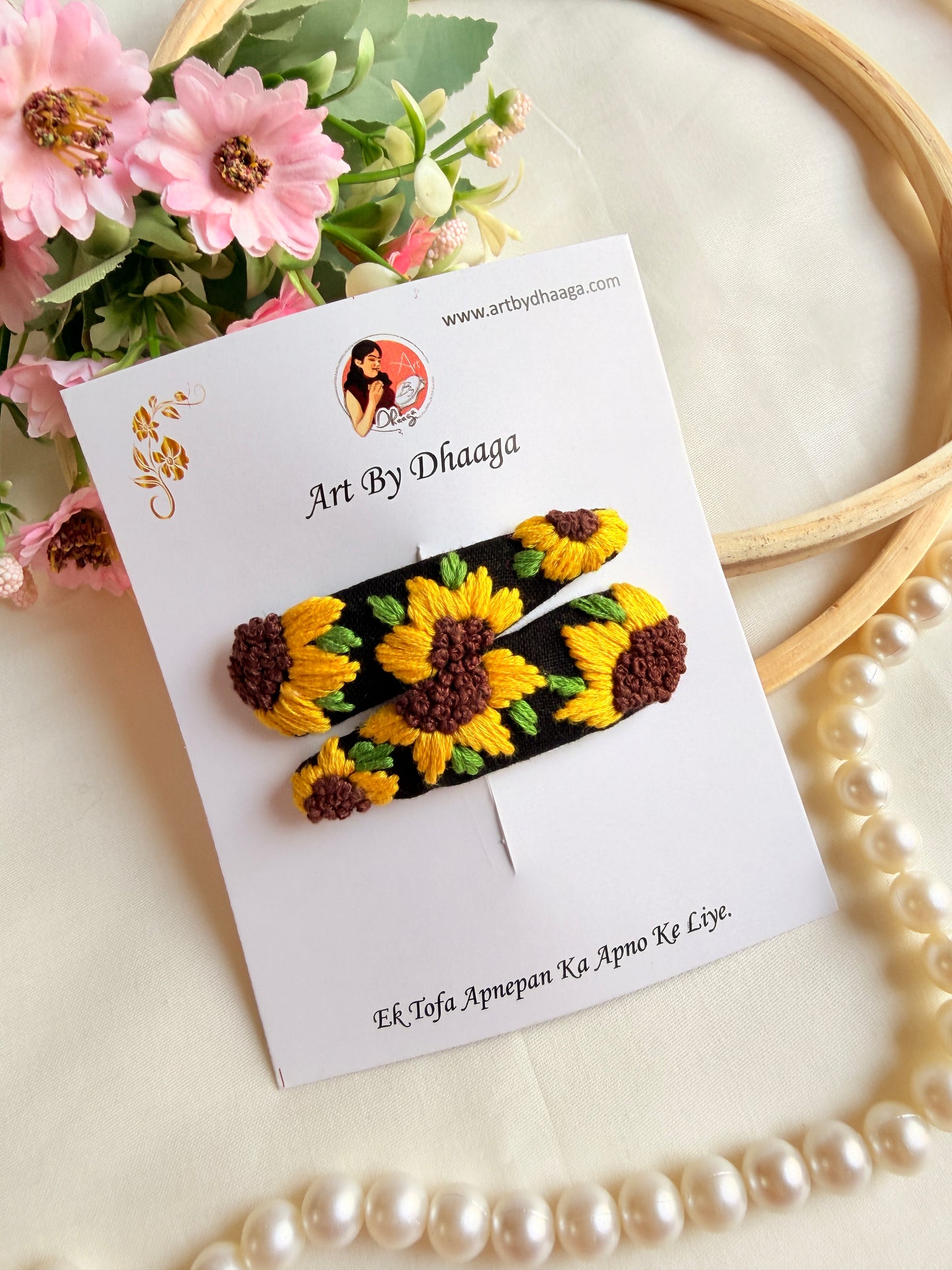 Sunflower Hand Embroidered Black Floral Tic-Tac Hair Clips