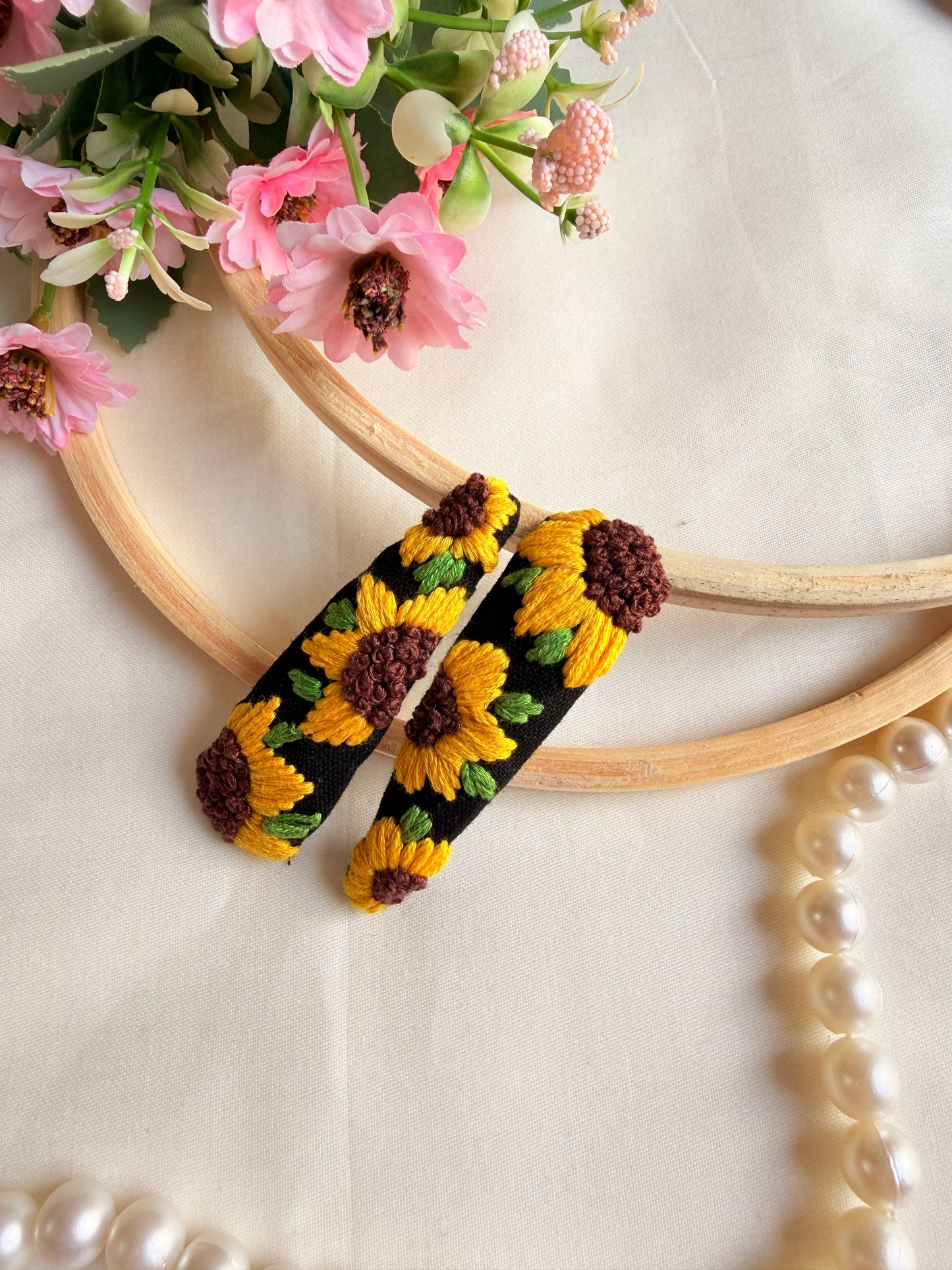 Sunflower Hand Embroidered Black Floral Tic-Tac Hair Clips