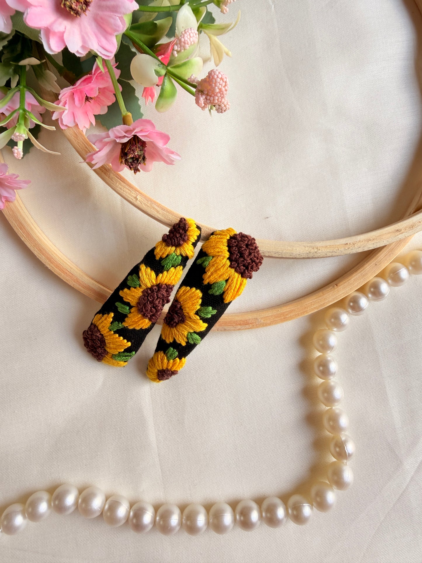 Sunflower Hand Embroidered Black Floral Tic-Tac Hair Clips