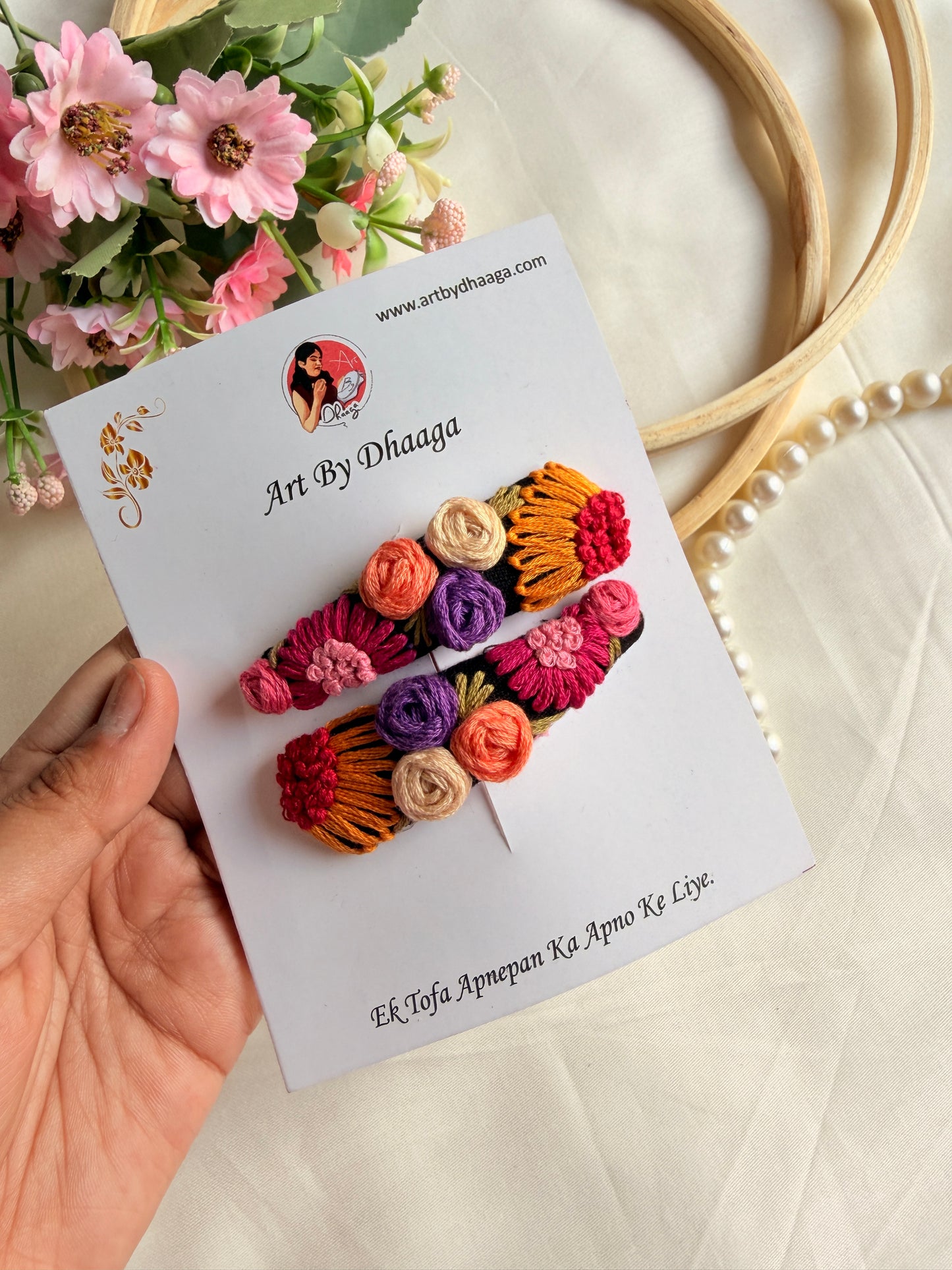 Phoolkari Hand Embroidered Multicolor Tic-Tac Hair Clips