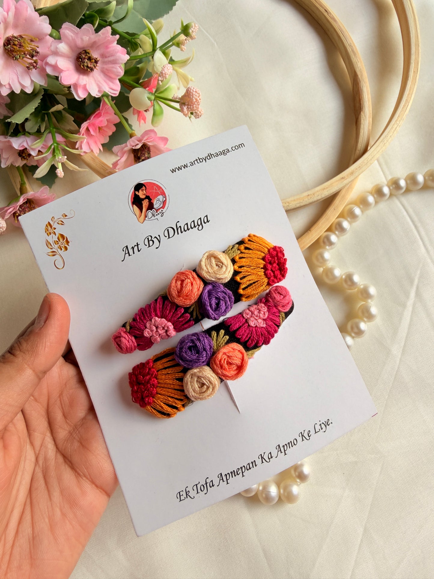 Phoolkari Hand Embroidered Multicolor Tic-Tac Hair Clips
