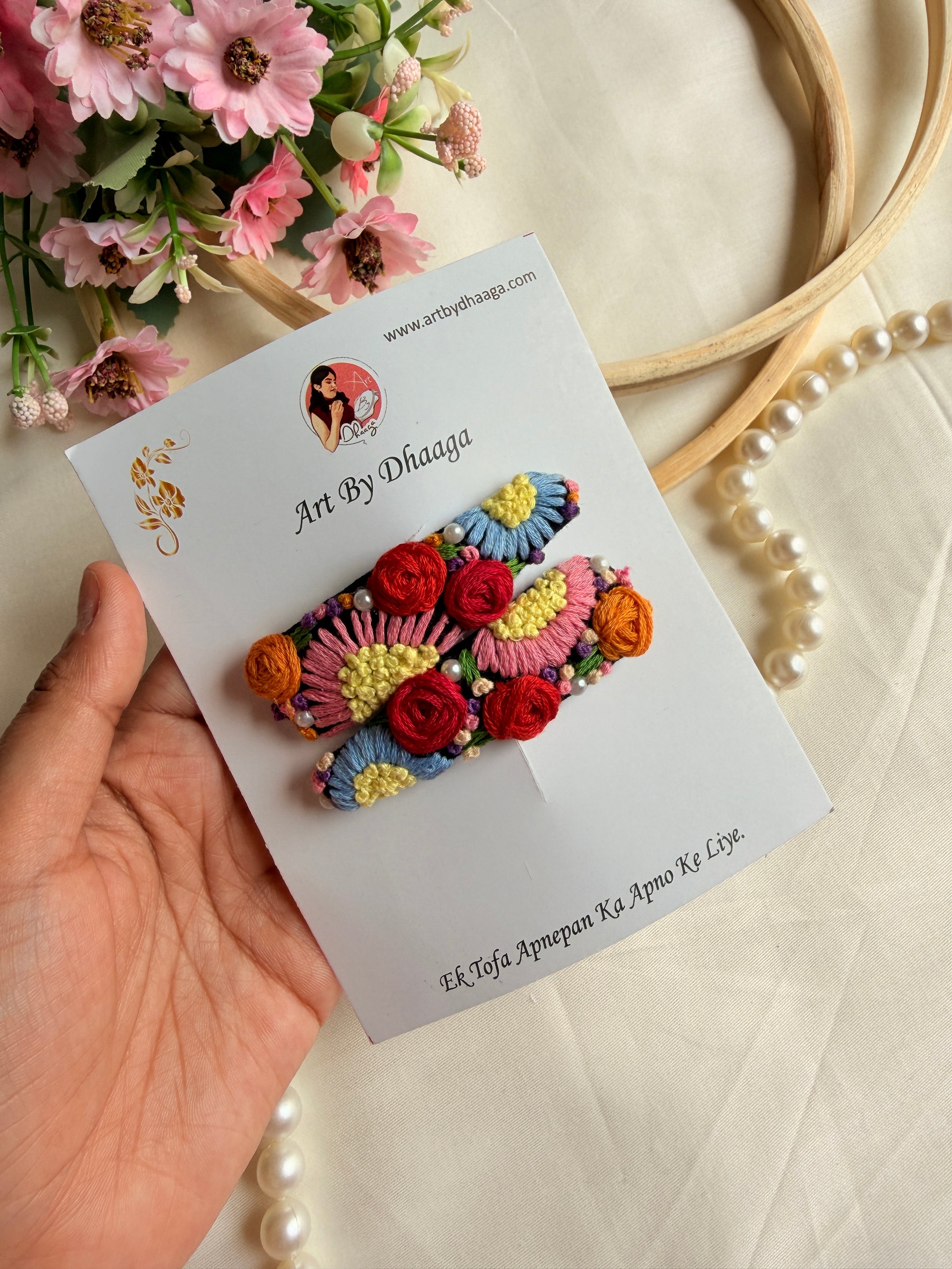 Moon Light Hand Embroidered Floral Tic-Tac Hair Clips