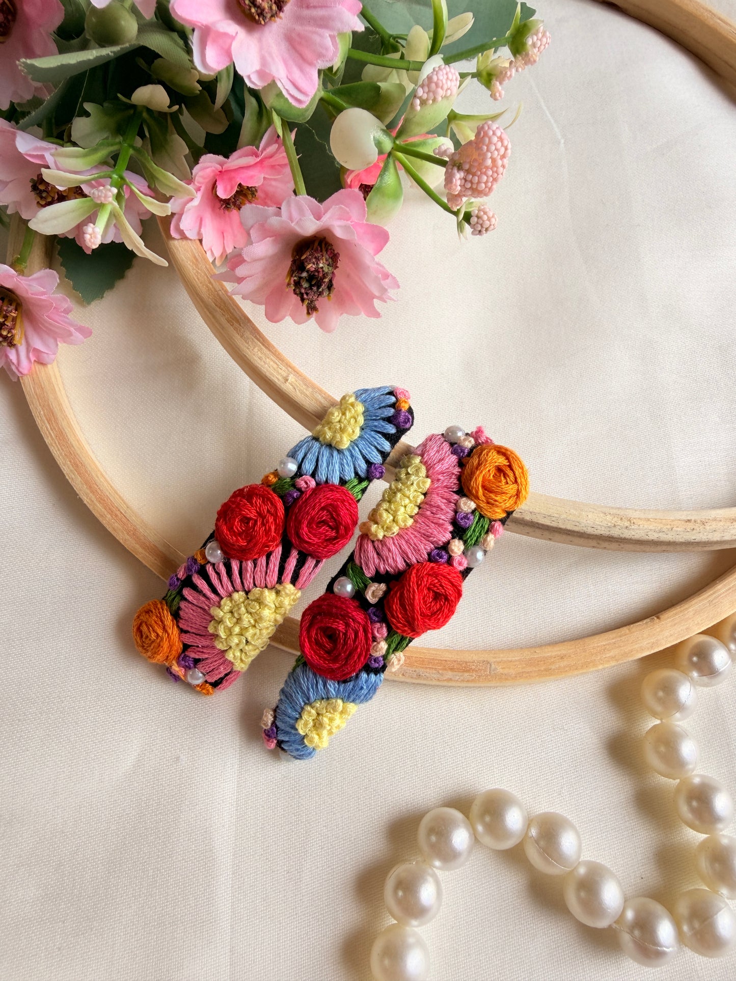 Moon Light Hand Embroidered Floral Tic-Tac Hair Clips
