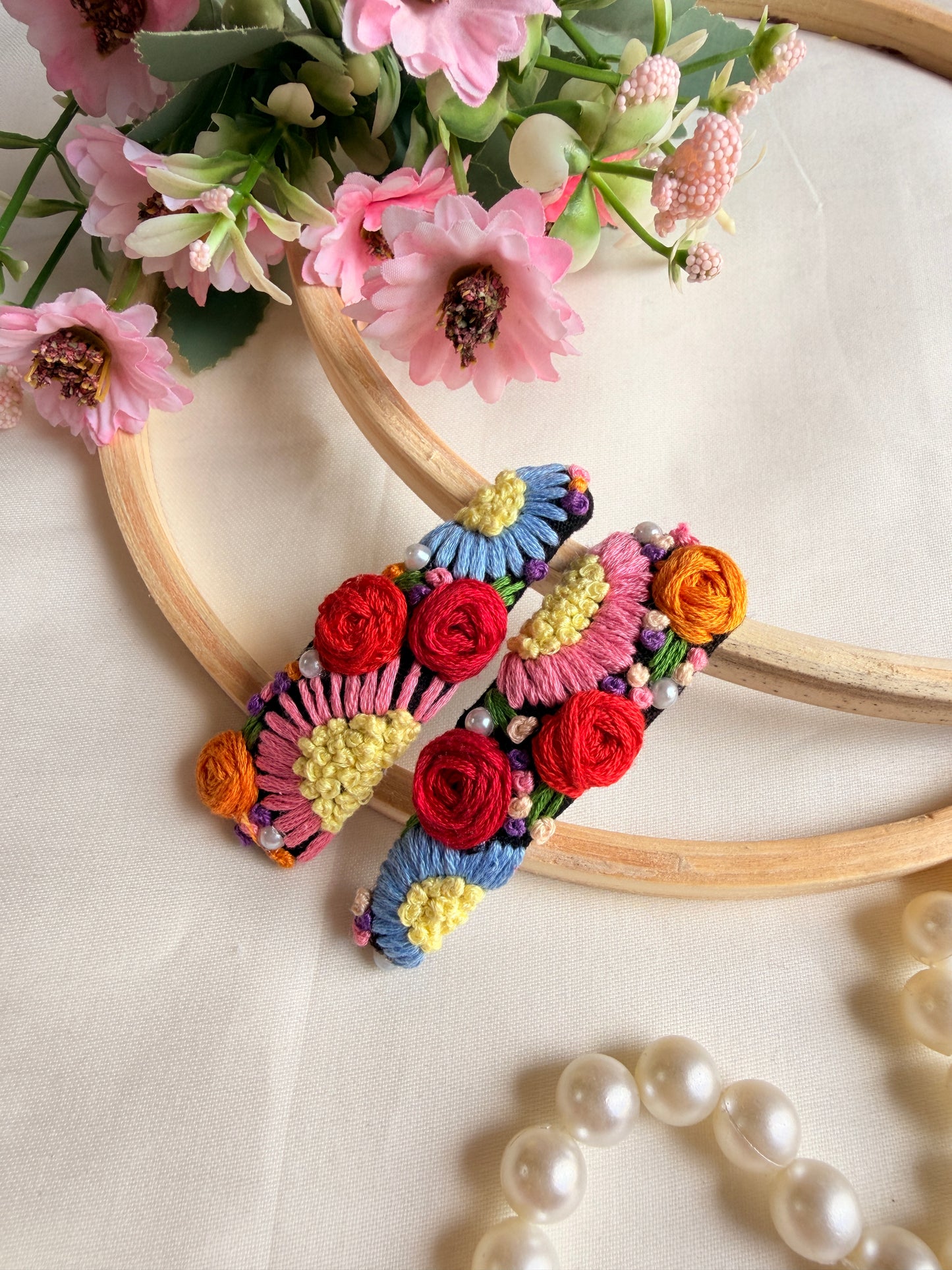 Moon Light Hand Embroidered Floral Tic-Tac Hair Clips