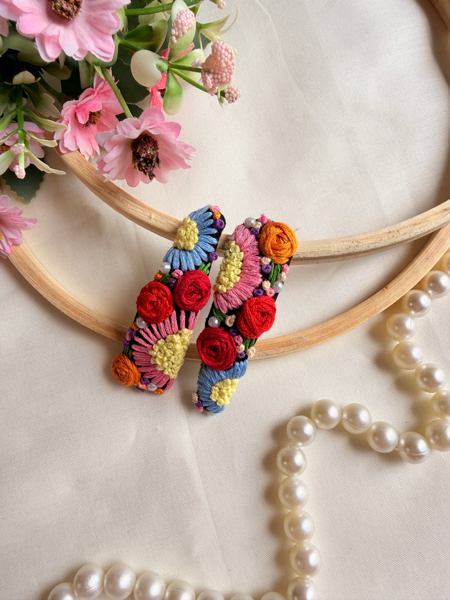 Moon Light Hand Embroidered Floral Tic-Tac Hair Clips