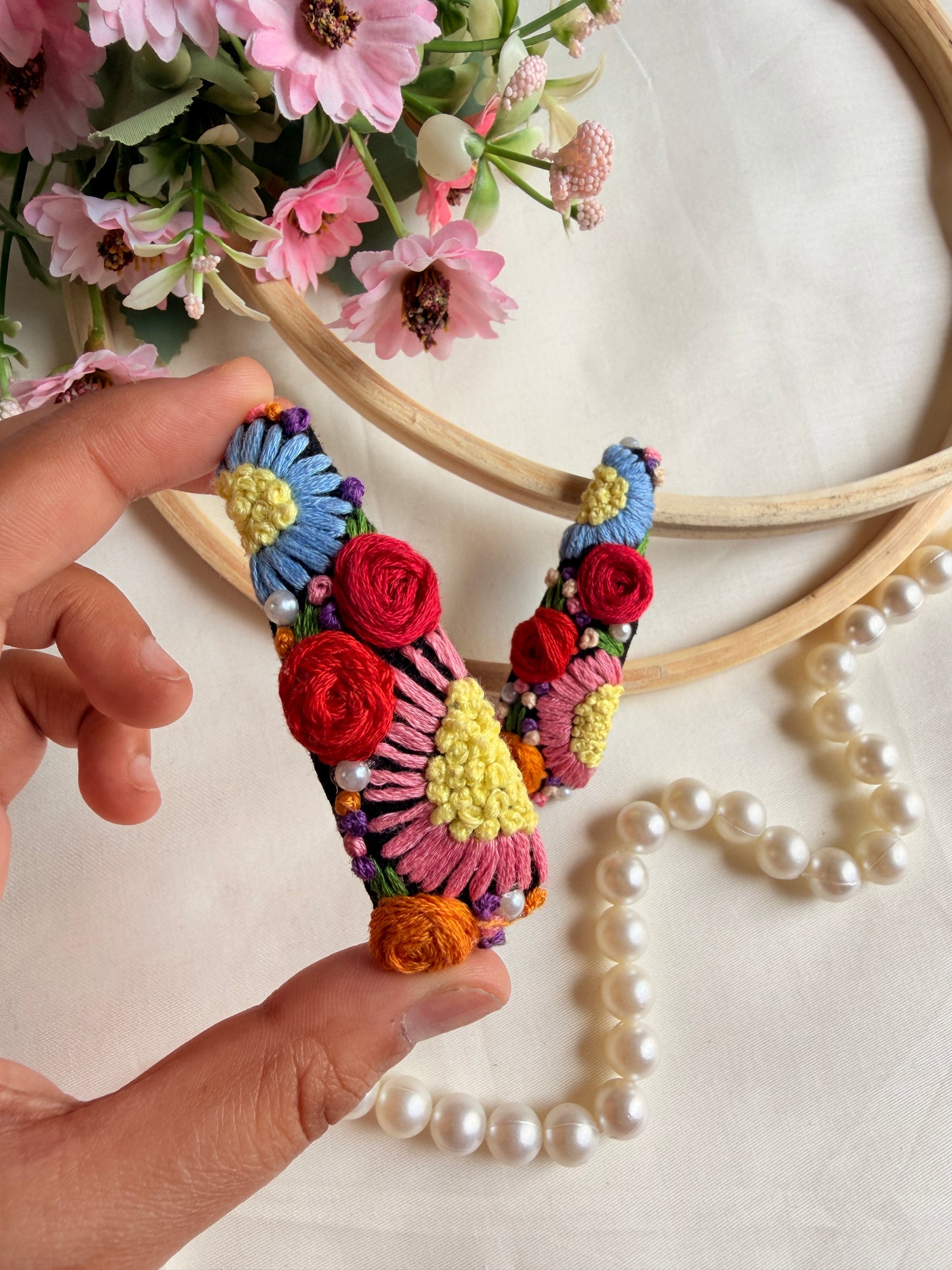 Moon Light Hand Embroidered Floral Tic-Tac Hair Clips