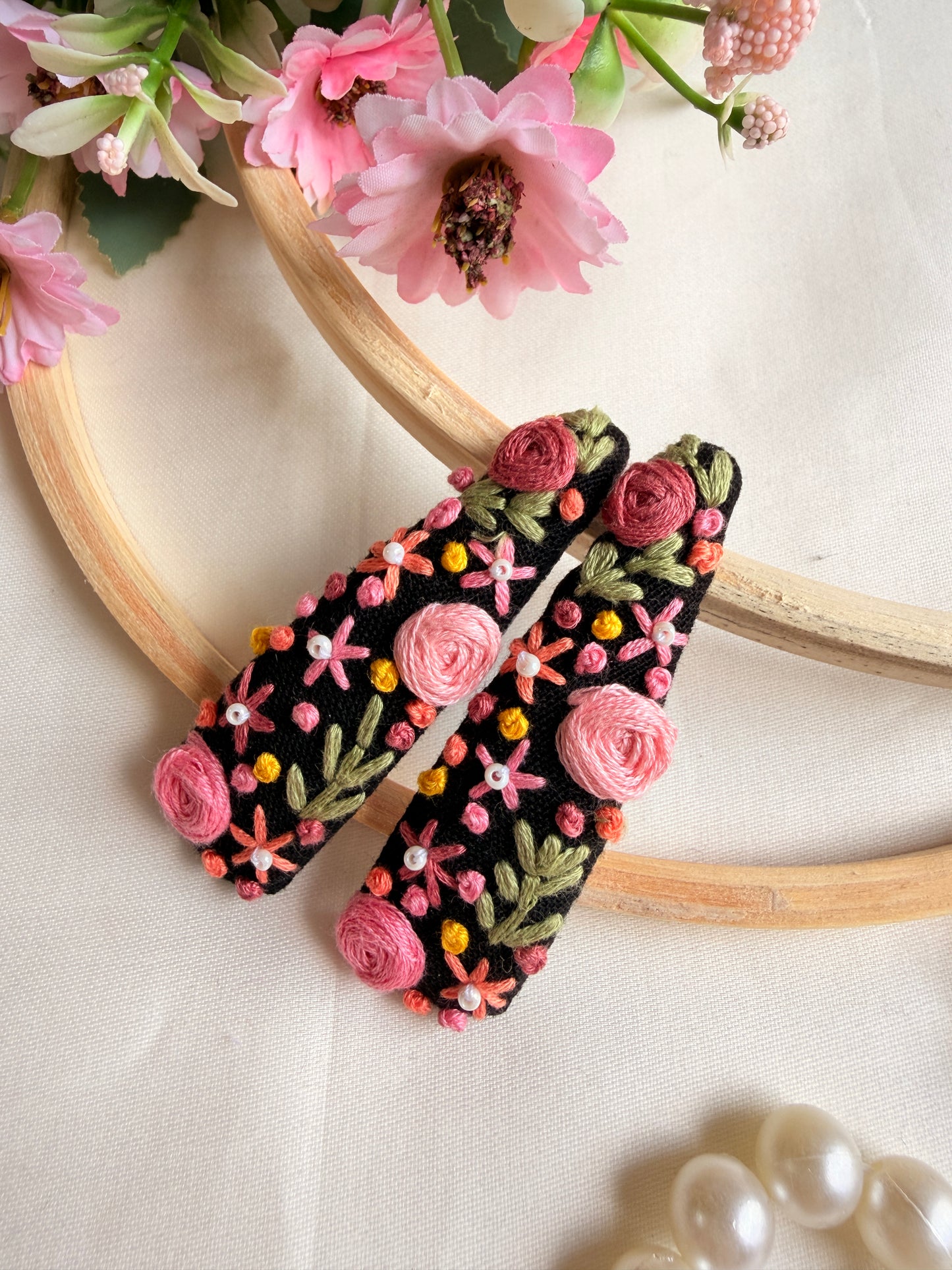 Harmaini Hand Embroidered Floral Tic-Tac Hair Clips