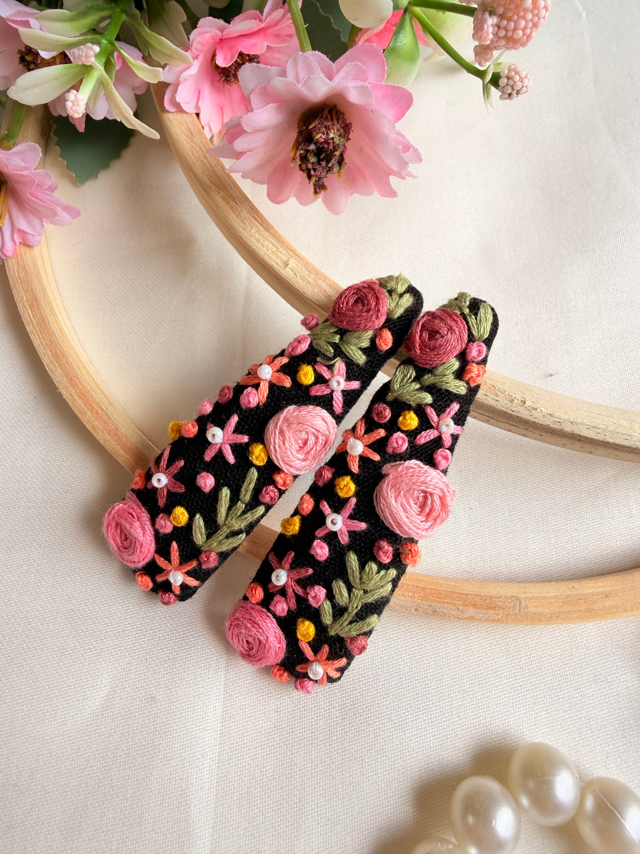 Harmaini Hand Embroidered Floral Tic-Tac Hair Clips
