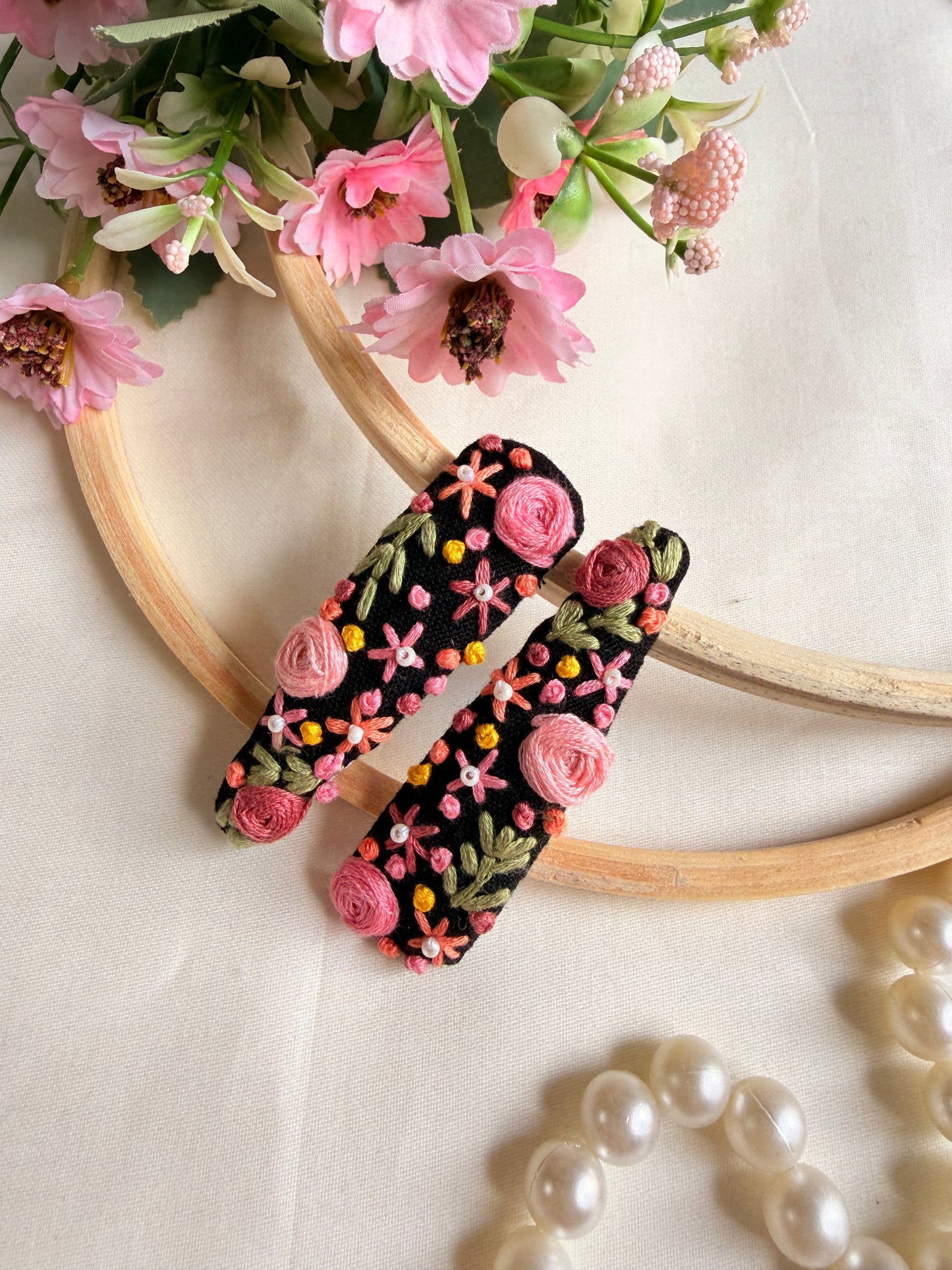 Harmaini Hand Embroidered Floral Tic-Tac Hair Clips