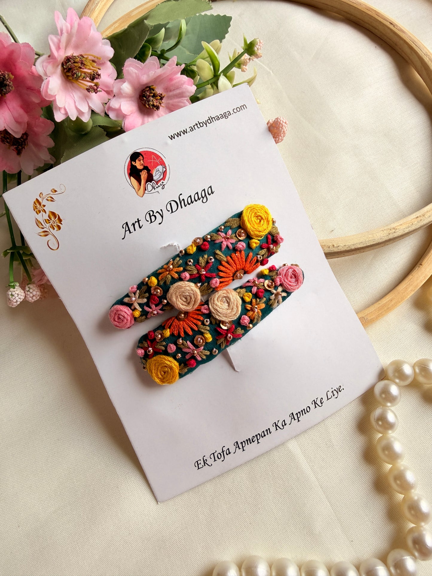 Krishna Hand Embroidered Floral Tic-Tac Hair Clips