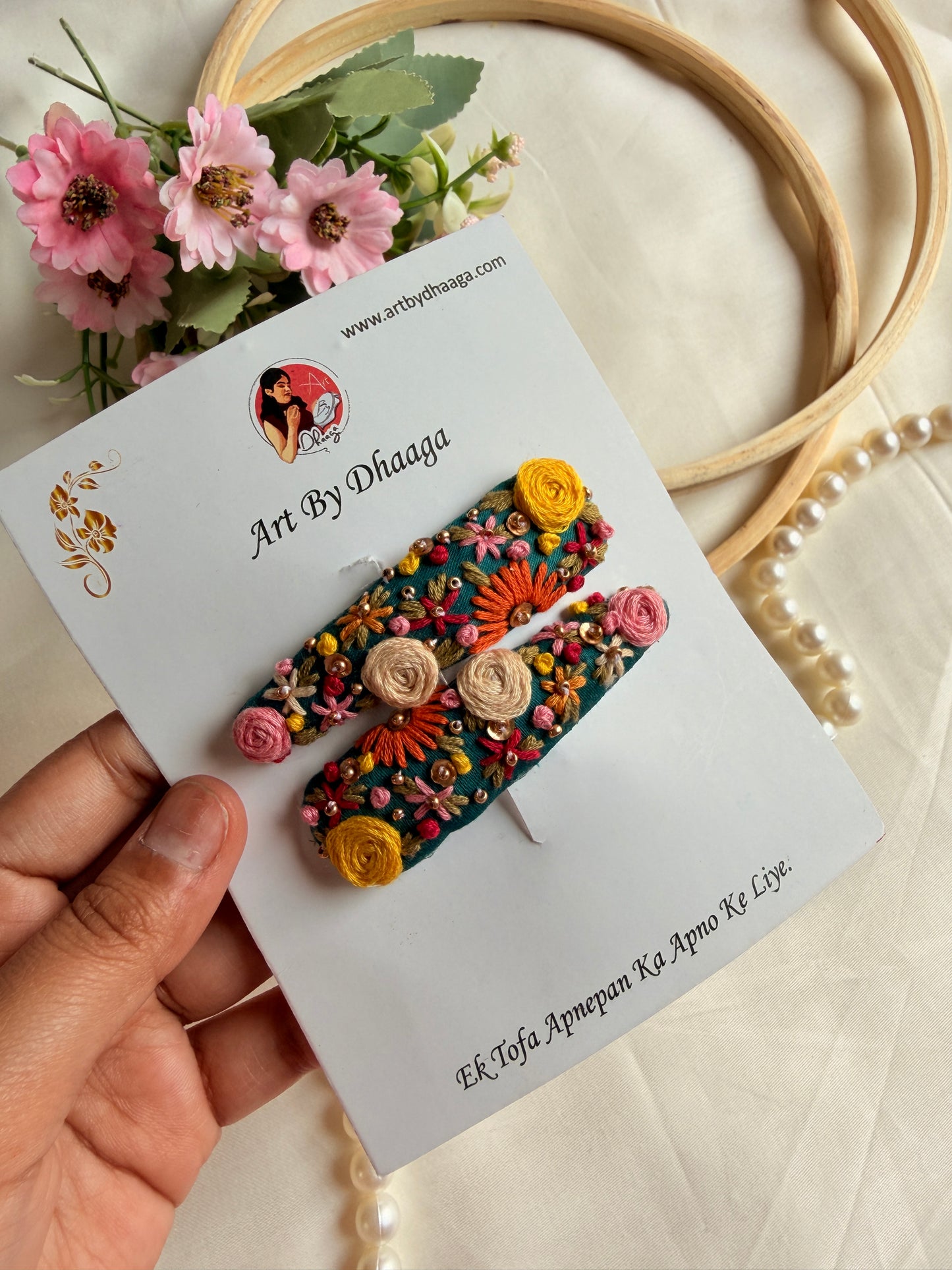 Krishna Hand Embroidered Floral Tic-Tac Hair Clips