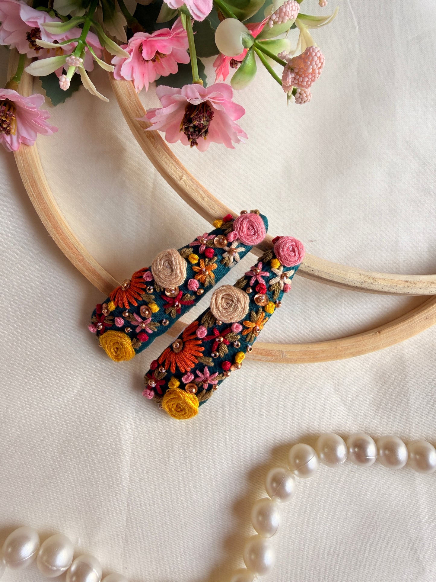 Krishna Hand Embroidered Floral Tic-Tac Hair Clips