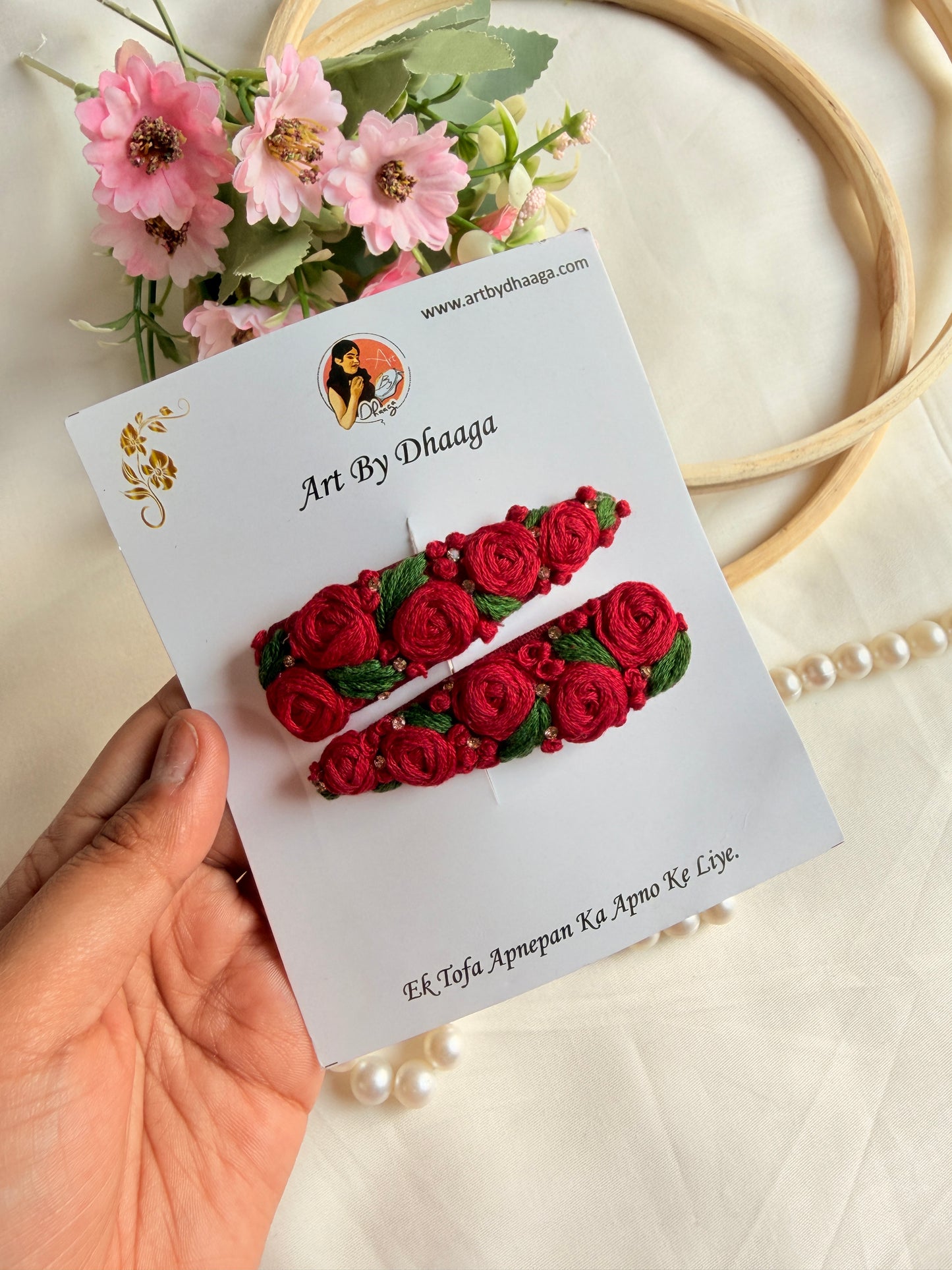 Sabnam Hand Embroidered Red Rose Tic-Tac Hair Clips