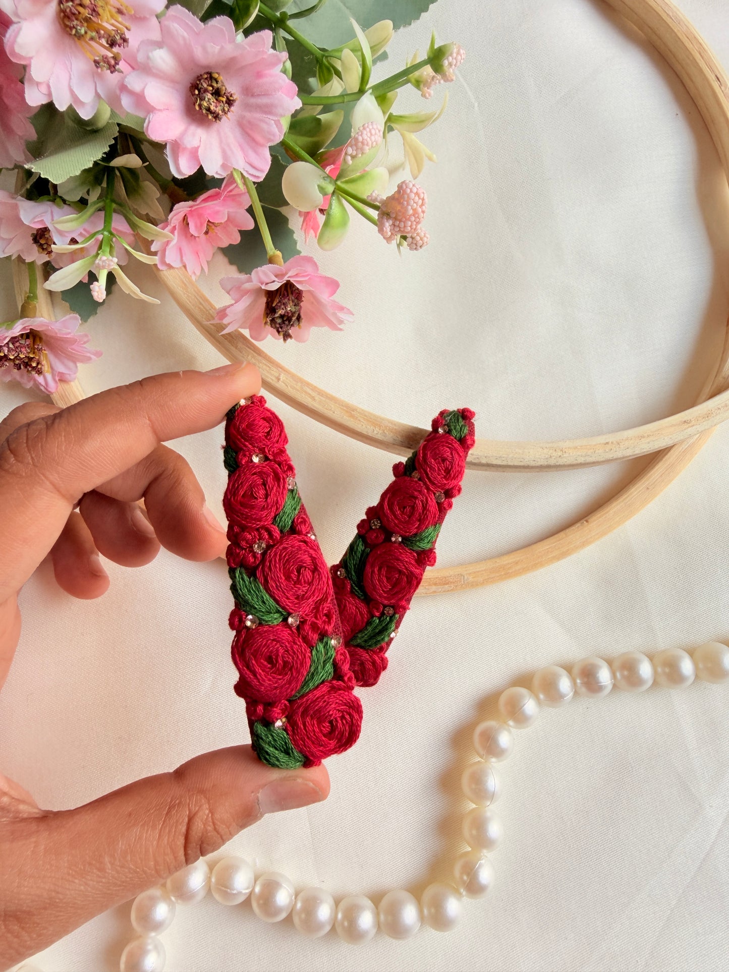 Sabnam Hand Embroidered Red Rose Tic-Tac Hair Clips