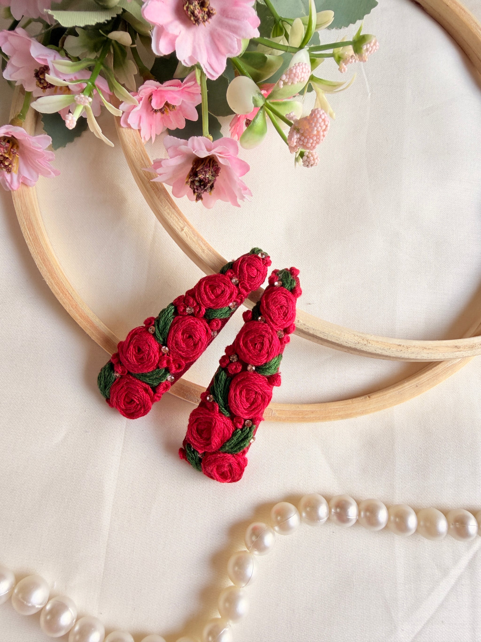 Sabnam Hand Embroidered Red Rose Tic-Tac Hair Clips
