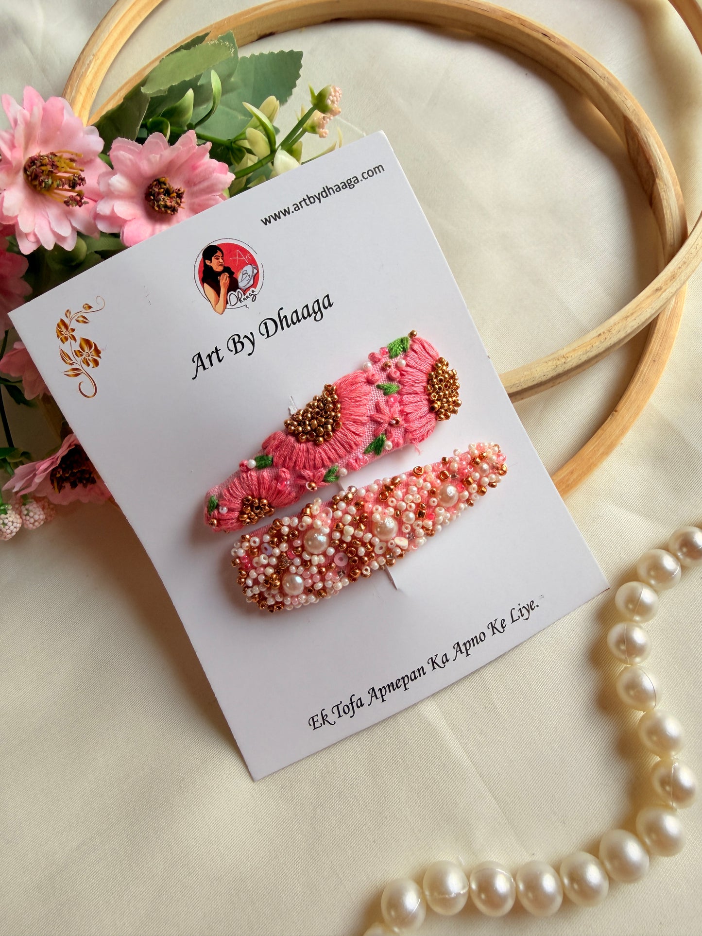 Twinkle Hand Embroidered Pink Pearl & Bead Tic-Tac Hair Clips