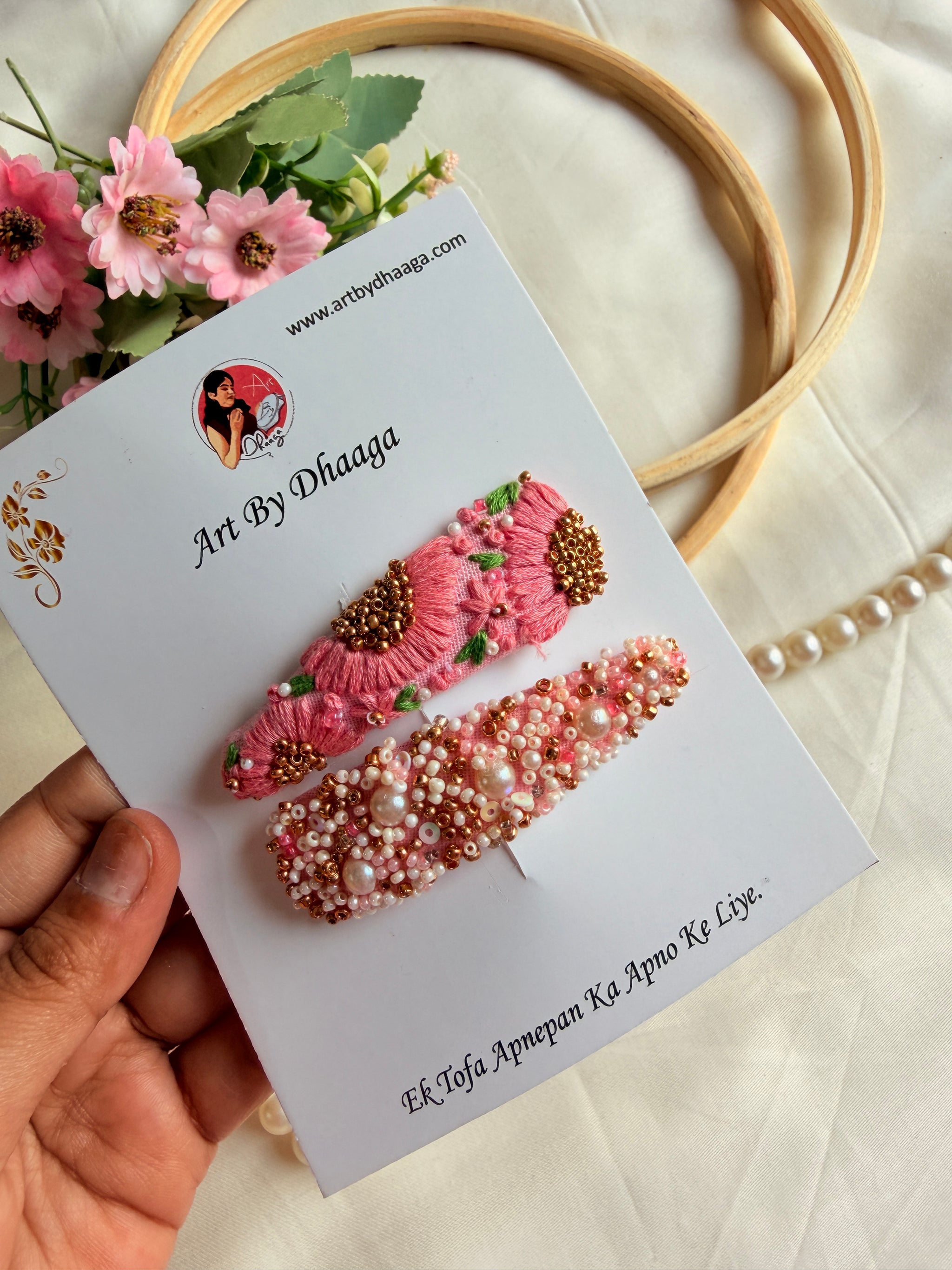 Twinkle Hand Embroidered Pink Pearl & Bead Tic-Tac Hair Clips