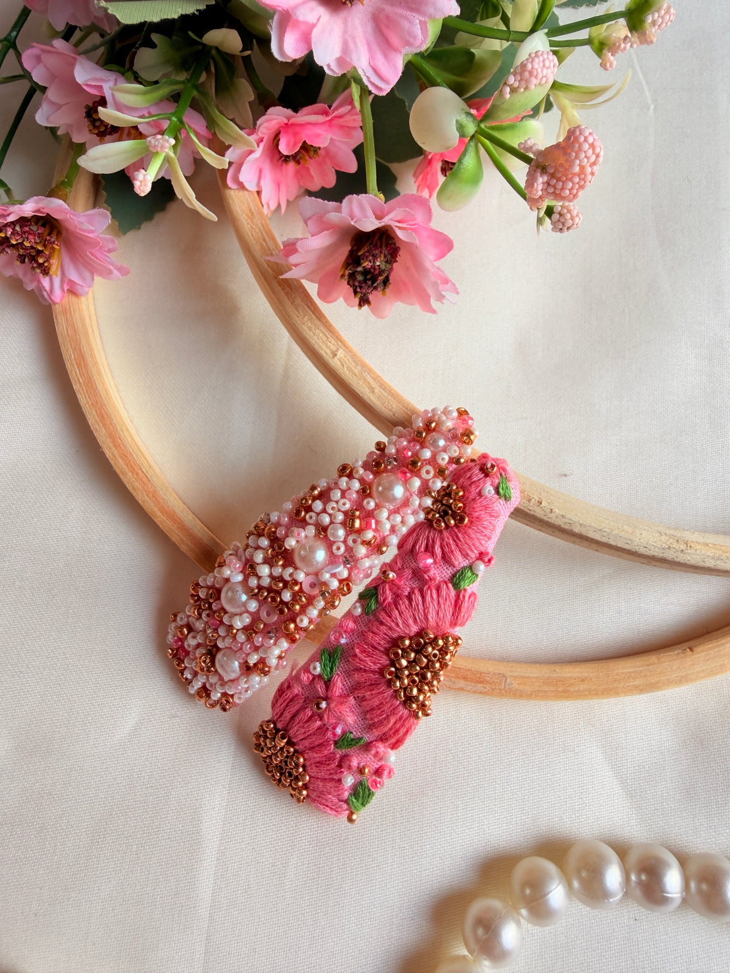 Twinkle Hand Embroidered Pink Pearl & Bead Tic-Tac Hair Clips