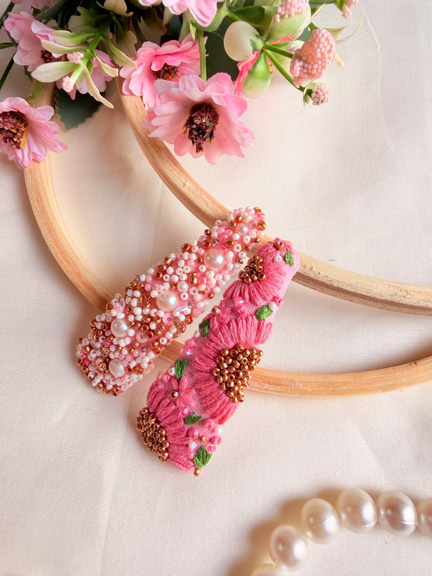 Twinkle Hand Embroidered Pink Pearl & Bead Tic-Tac Hair Clips