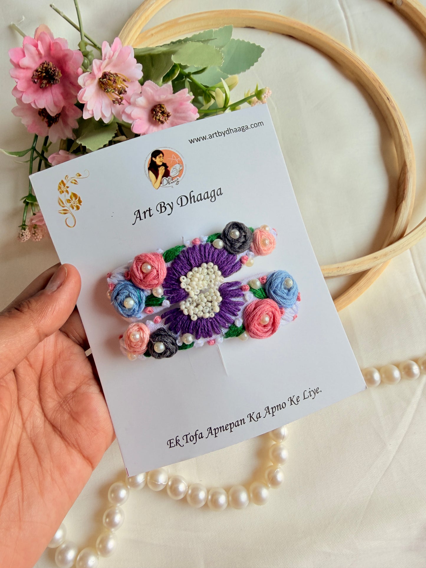 Heer Hand Embroidered Floral Tic-Tac Hair Clips
