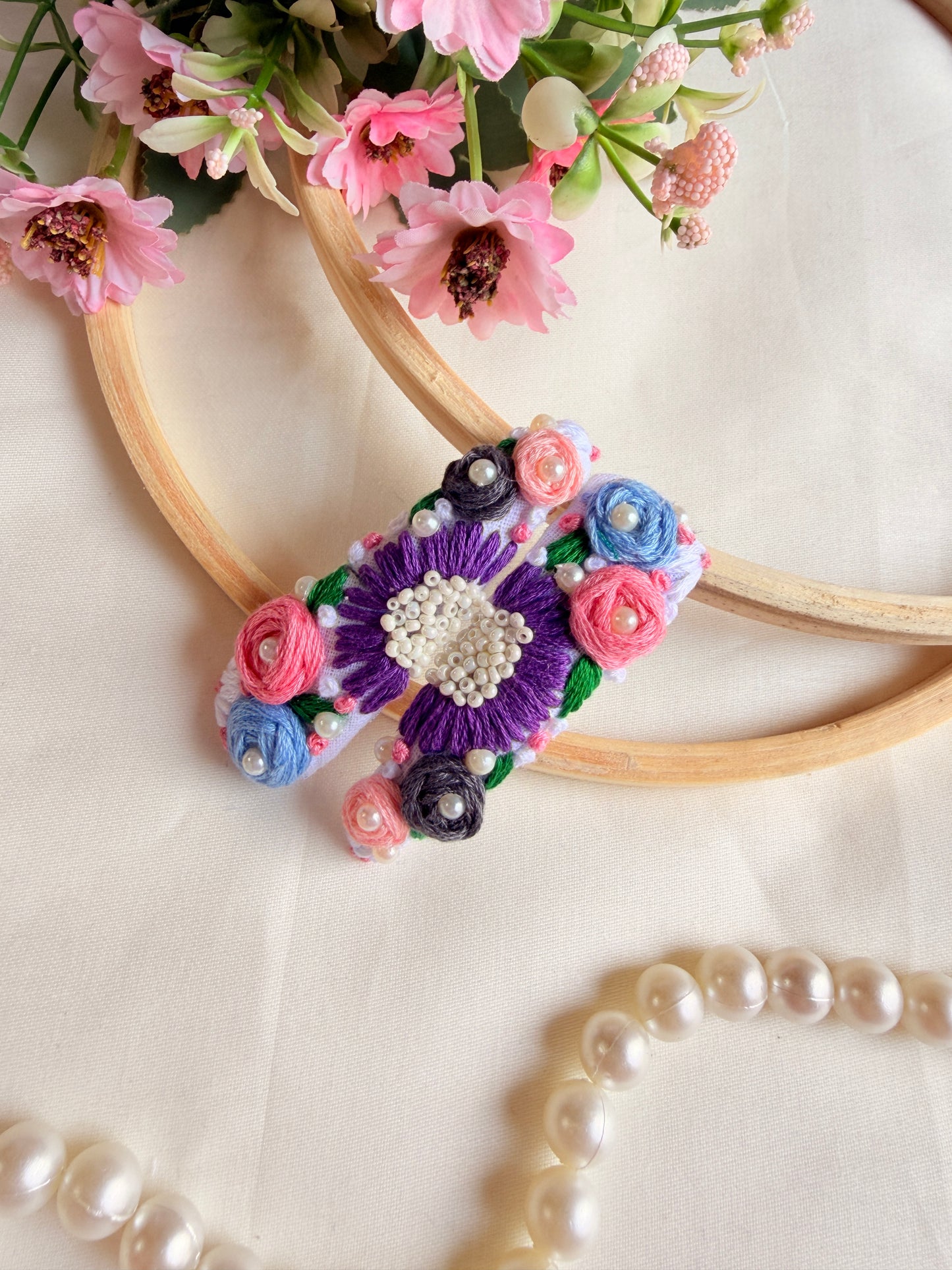 Heer Hand Embroidered Floral Tic-Tac Hair Clips
