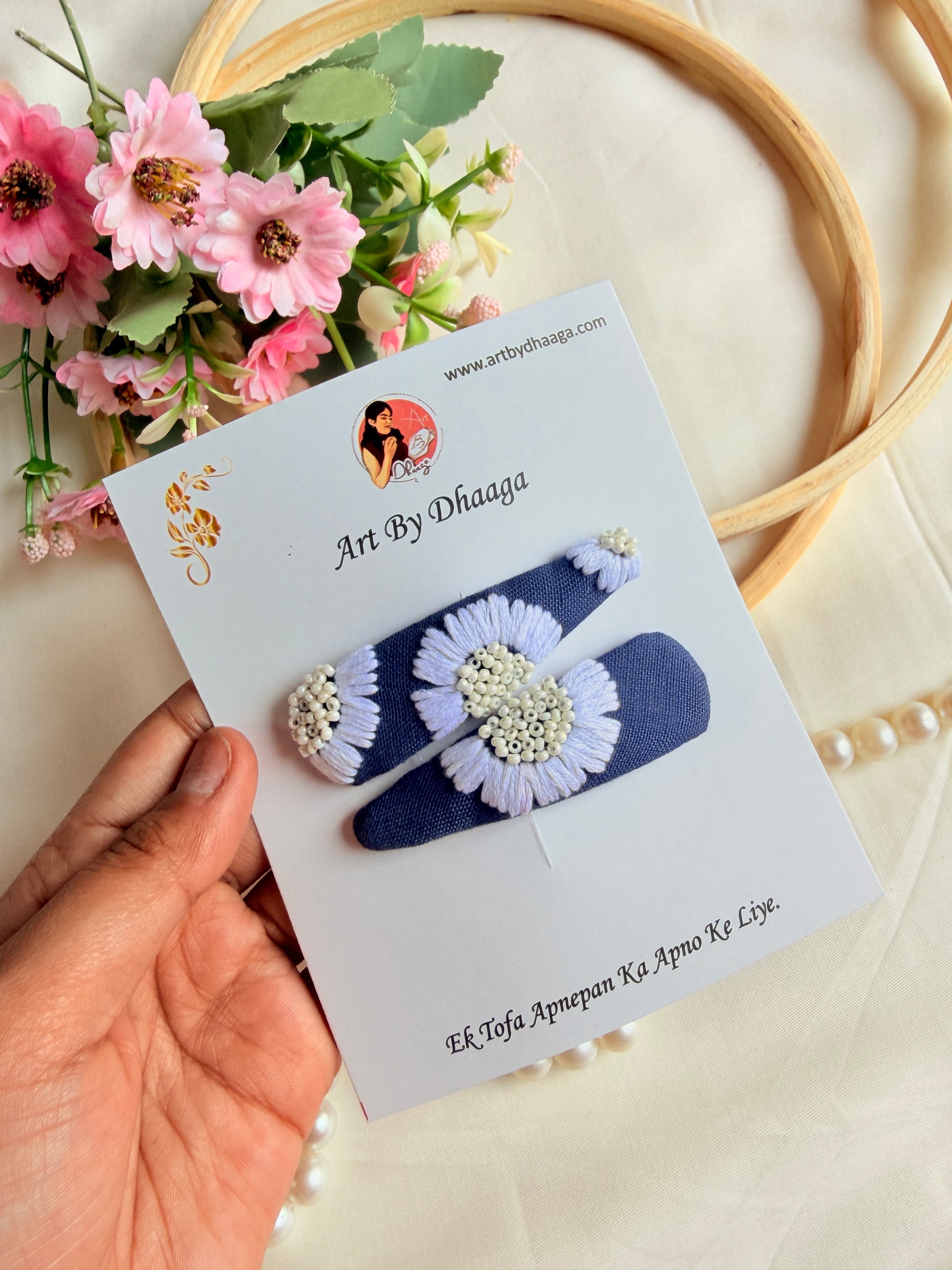 Daisy Denim Hand Embroidered Tic-Tac Hair Clips