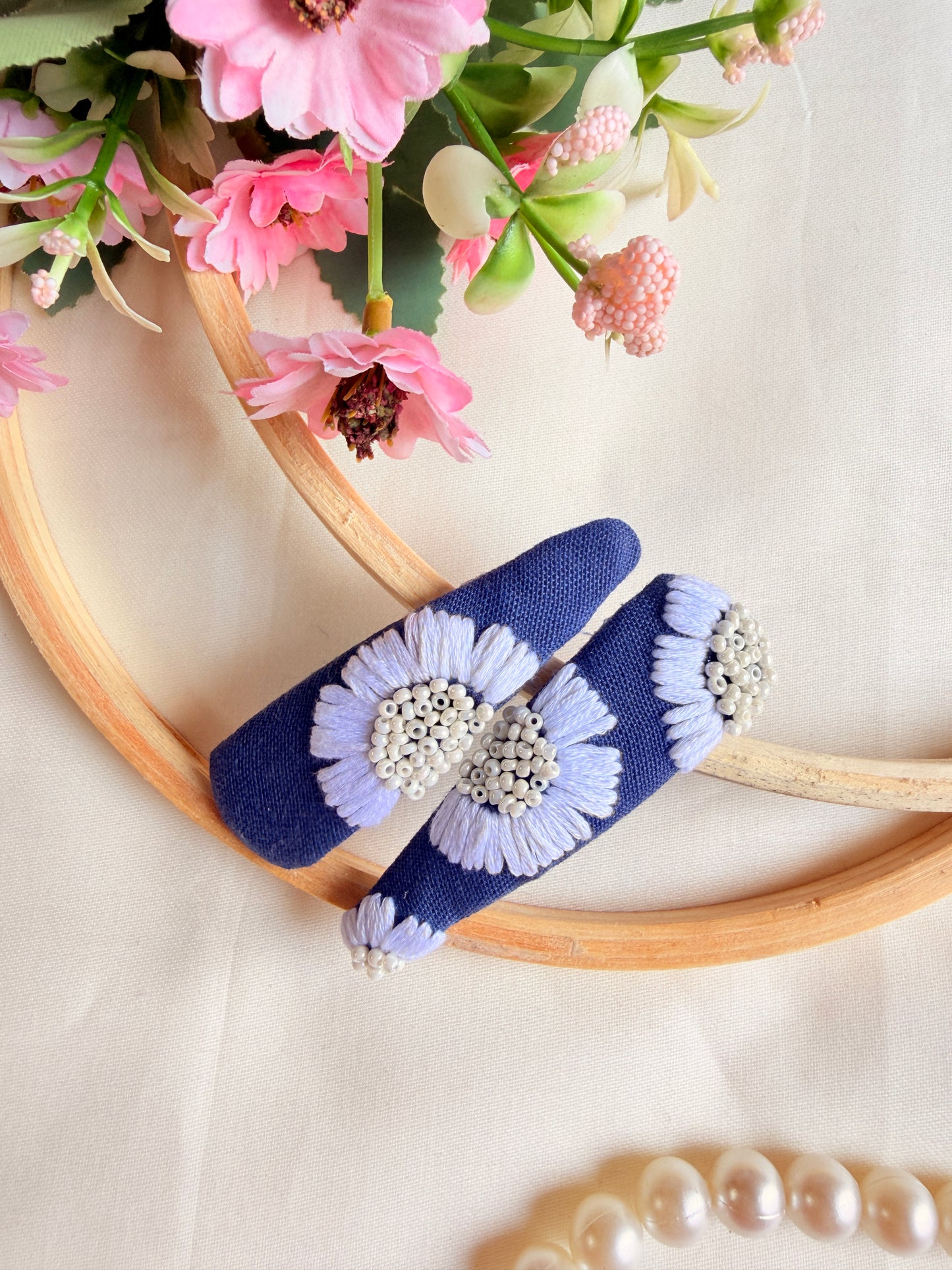 Daisy Denim Hand Embroidered Tic-Tac Hair Clips