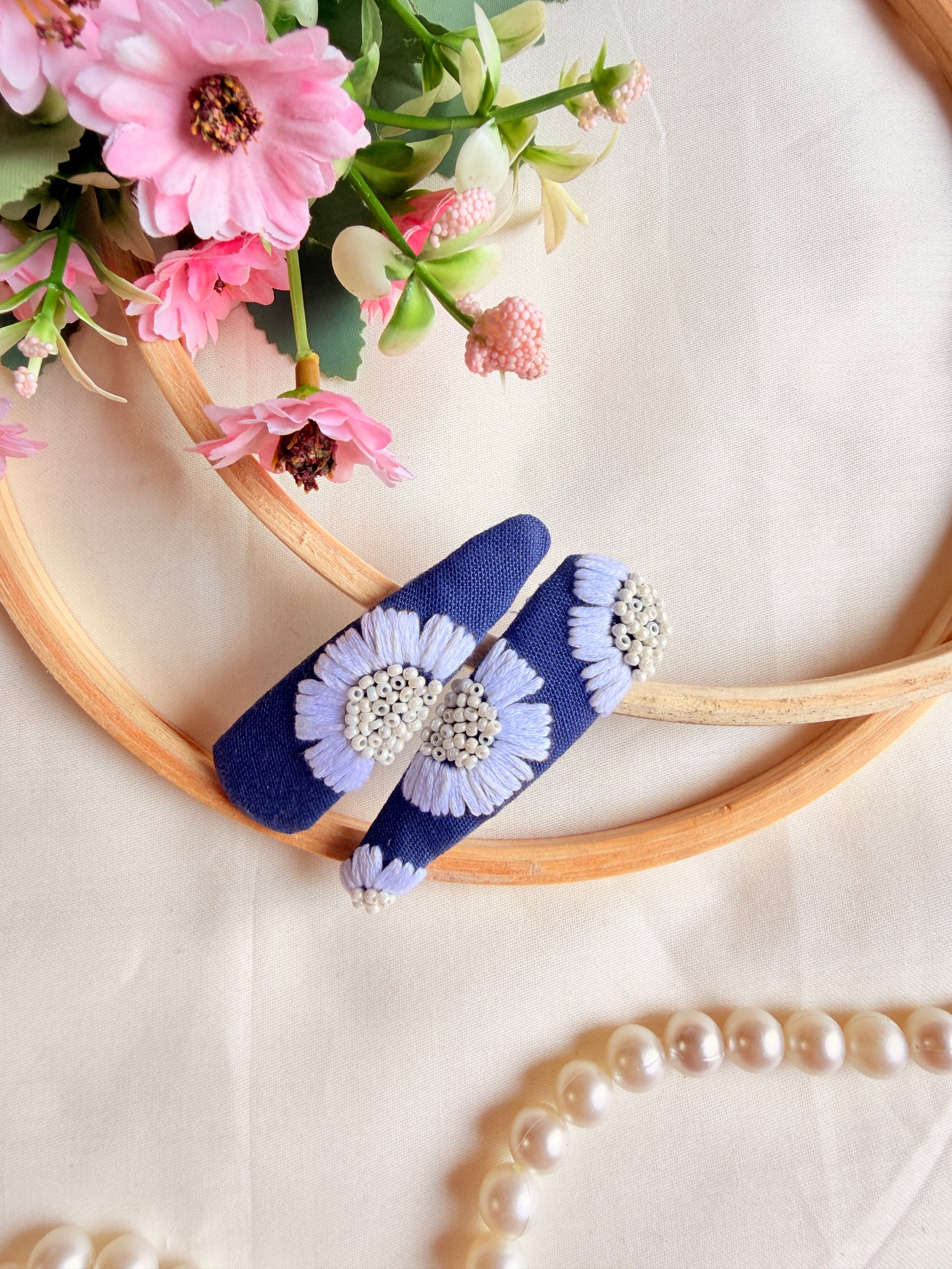 Daisy Denim Hand Embroidered Tic-Tac Hair Clips