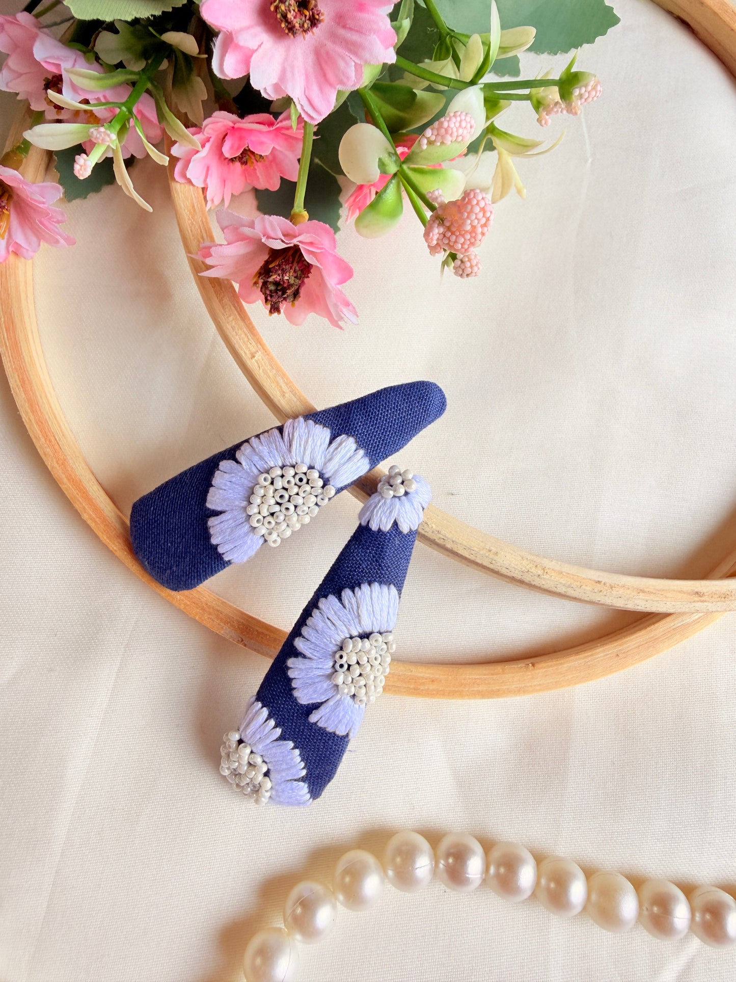 Daisy Denim Hand Embroidered Tic-Tac Hair Clips