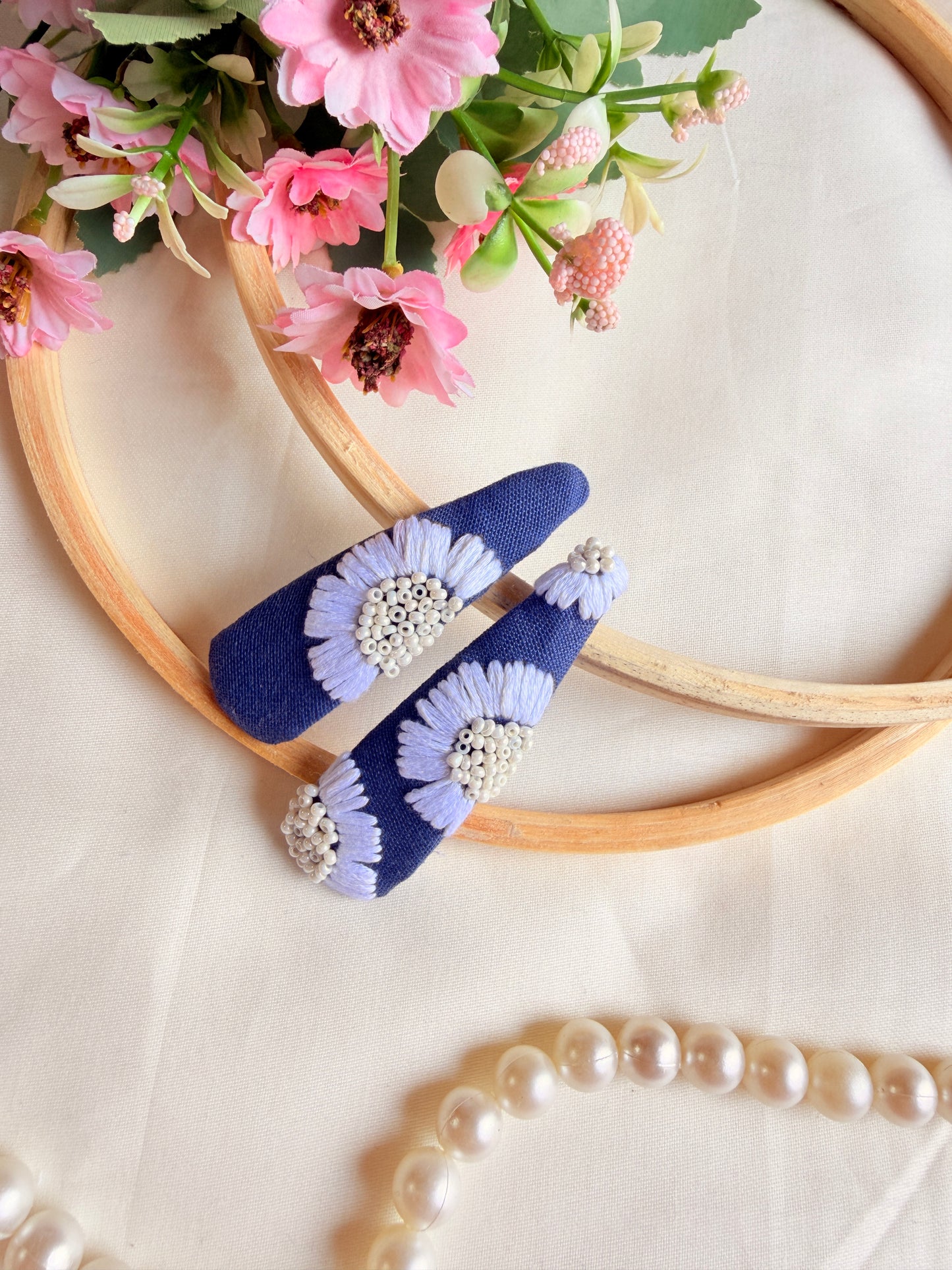 Daisy Denim Hand Embroidered Tic-Tac Hair Clips
