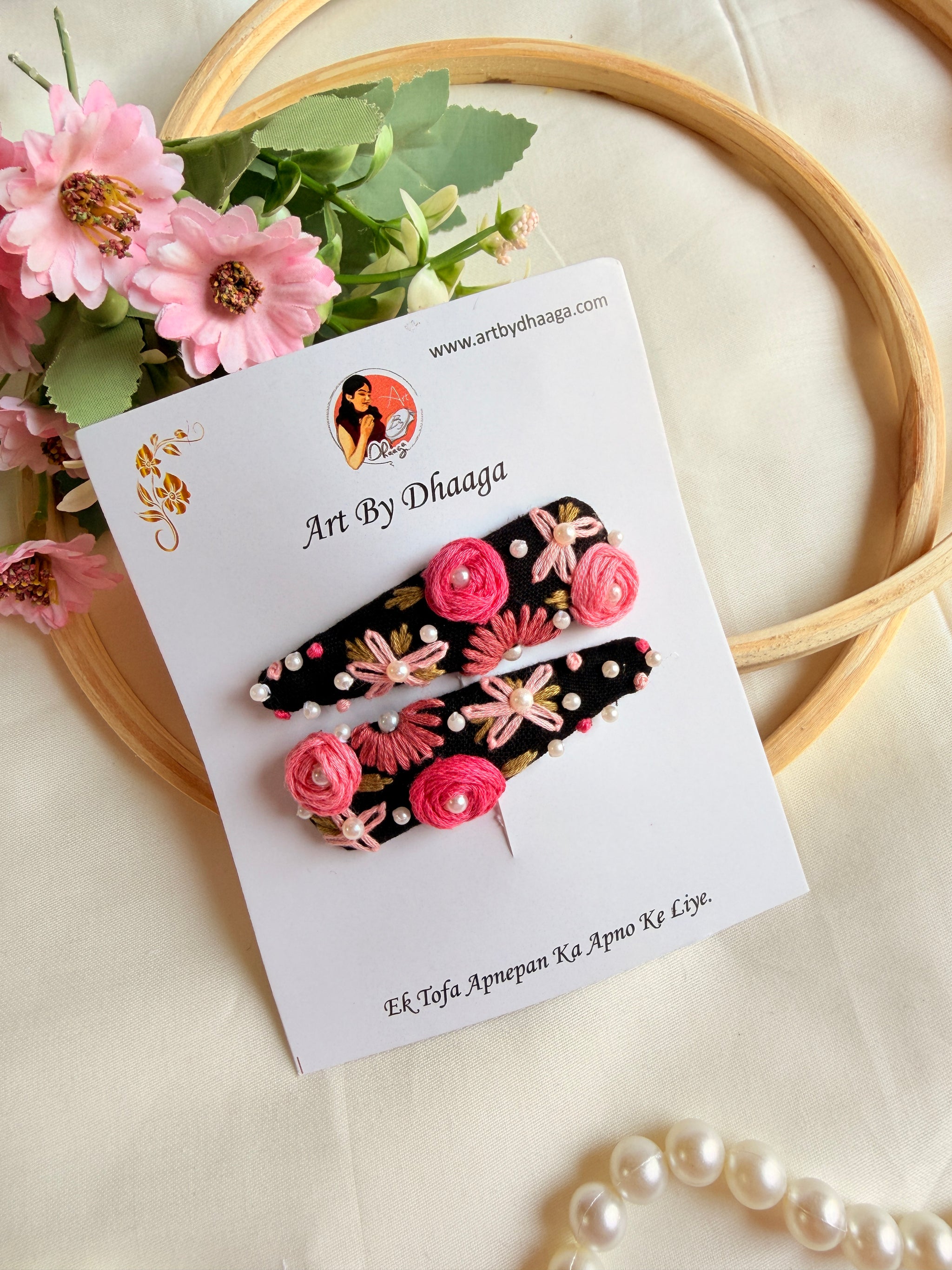 Tara Hand Embroidered Black Floral Tic-Tac Hair Clips with Pearl Detailing