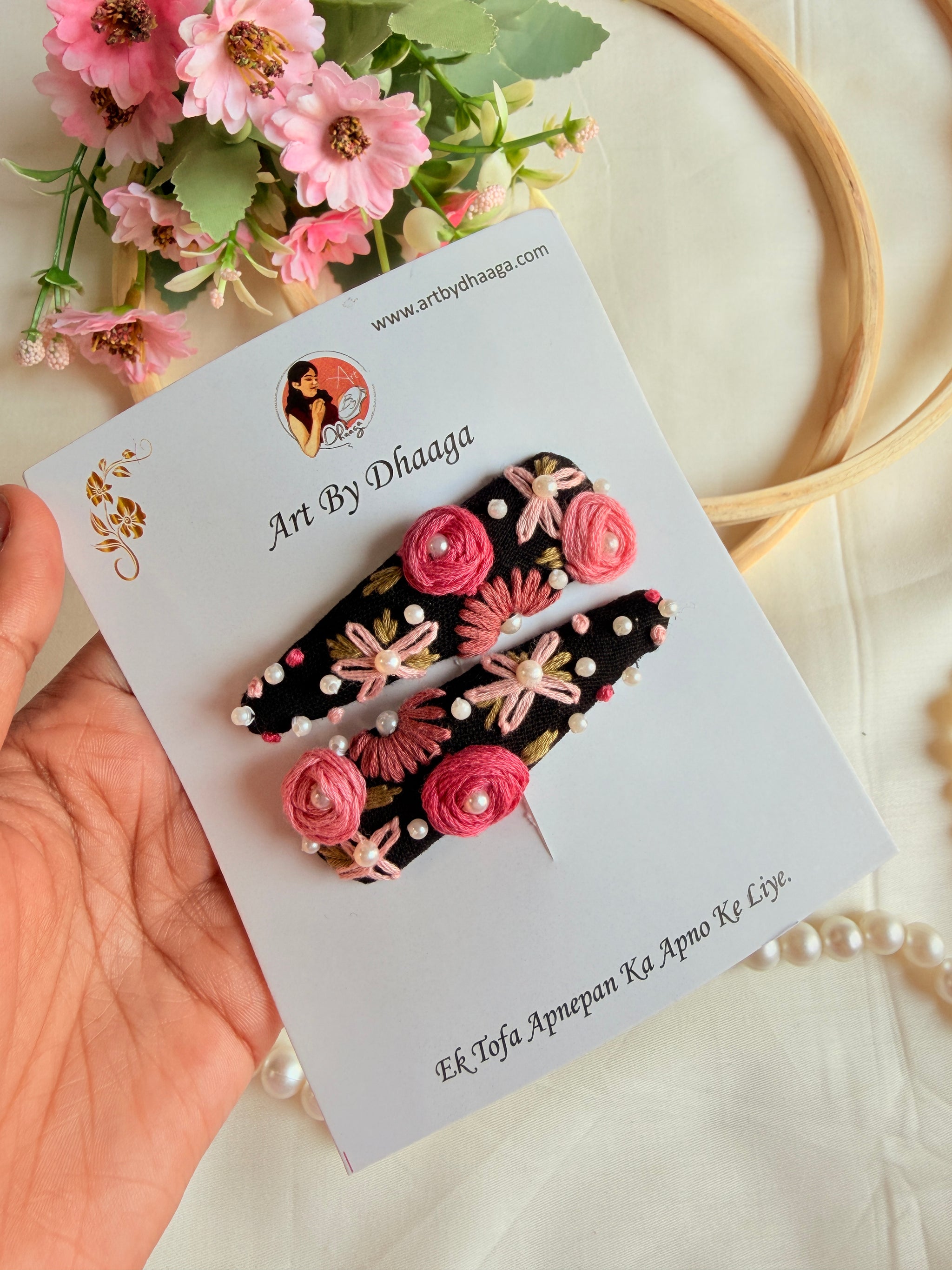 Tara Hand Embroidered Black Floral Tic-Tac Hair Clips with Pearl Detailing