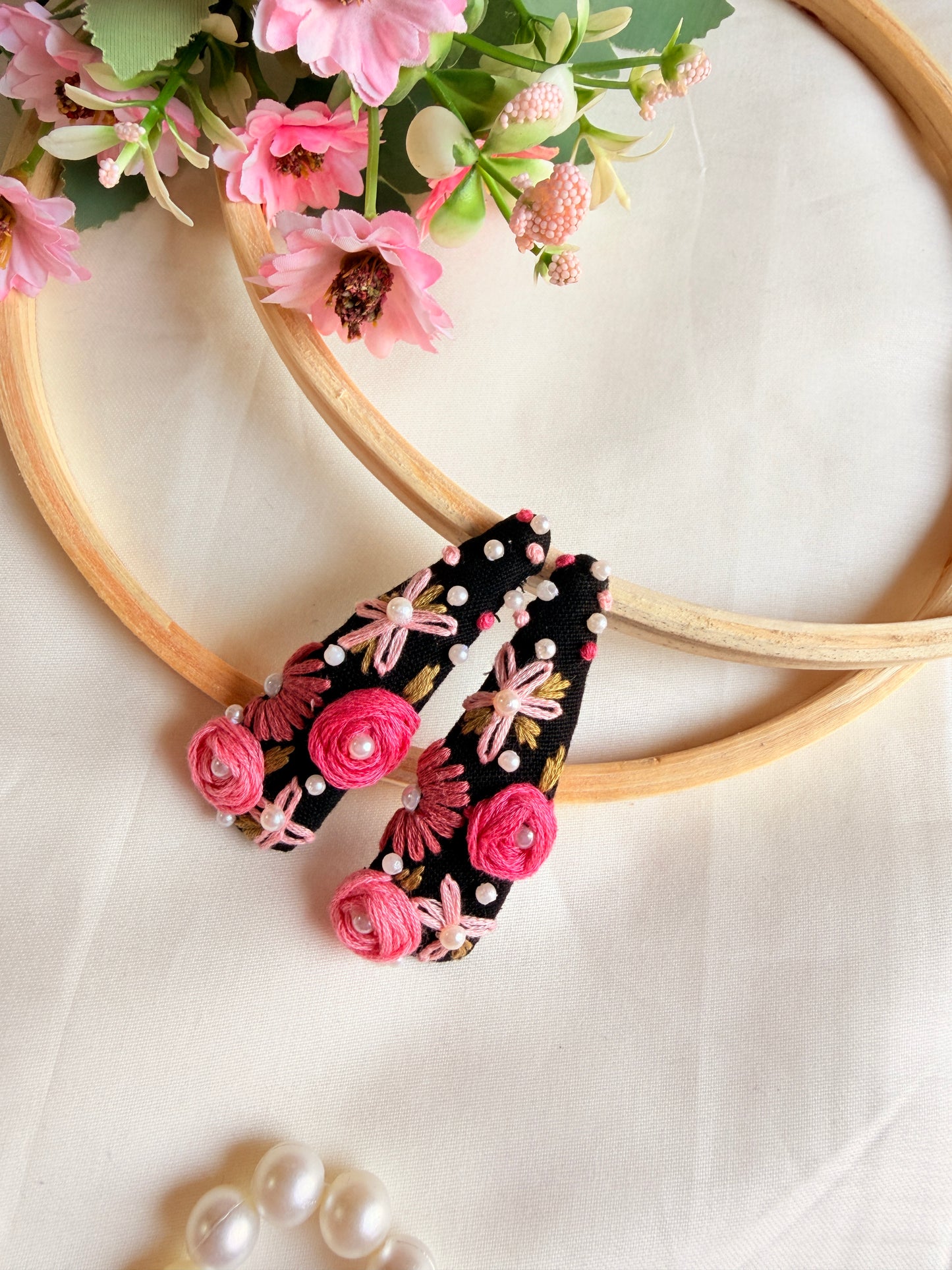 Tara Hand Embroidered Black Floral Tic-Tac Hair Clips with Pearl Detailing