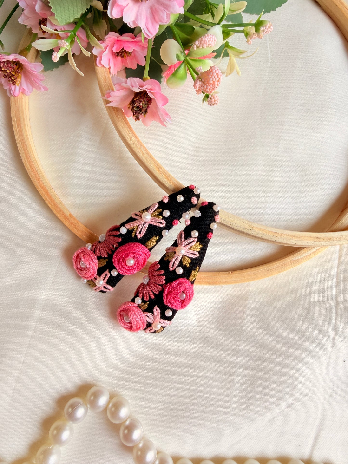 Tara Hand Embroidered Black Floral Tic-Tac Hair Clips with Pearl Detailing