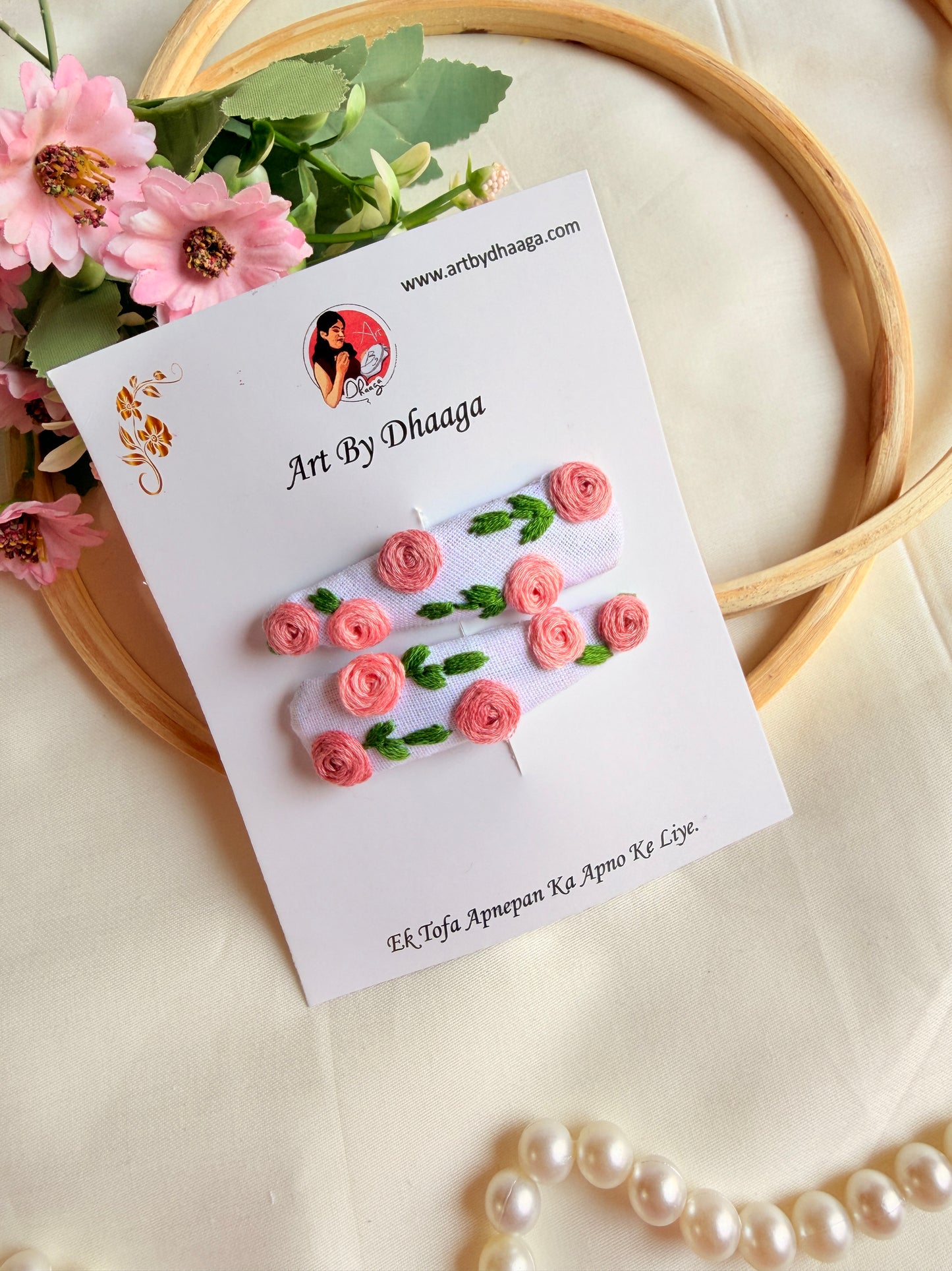 Gulaab Hand Embroidered Rose Tic-Tac Hair Clips