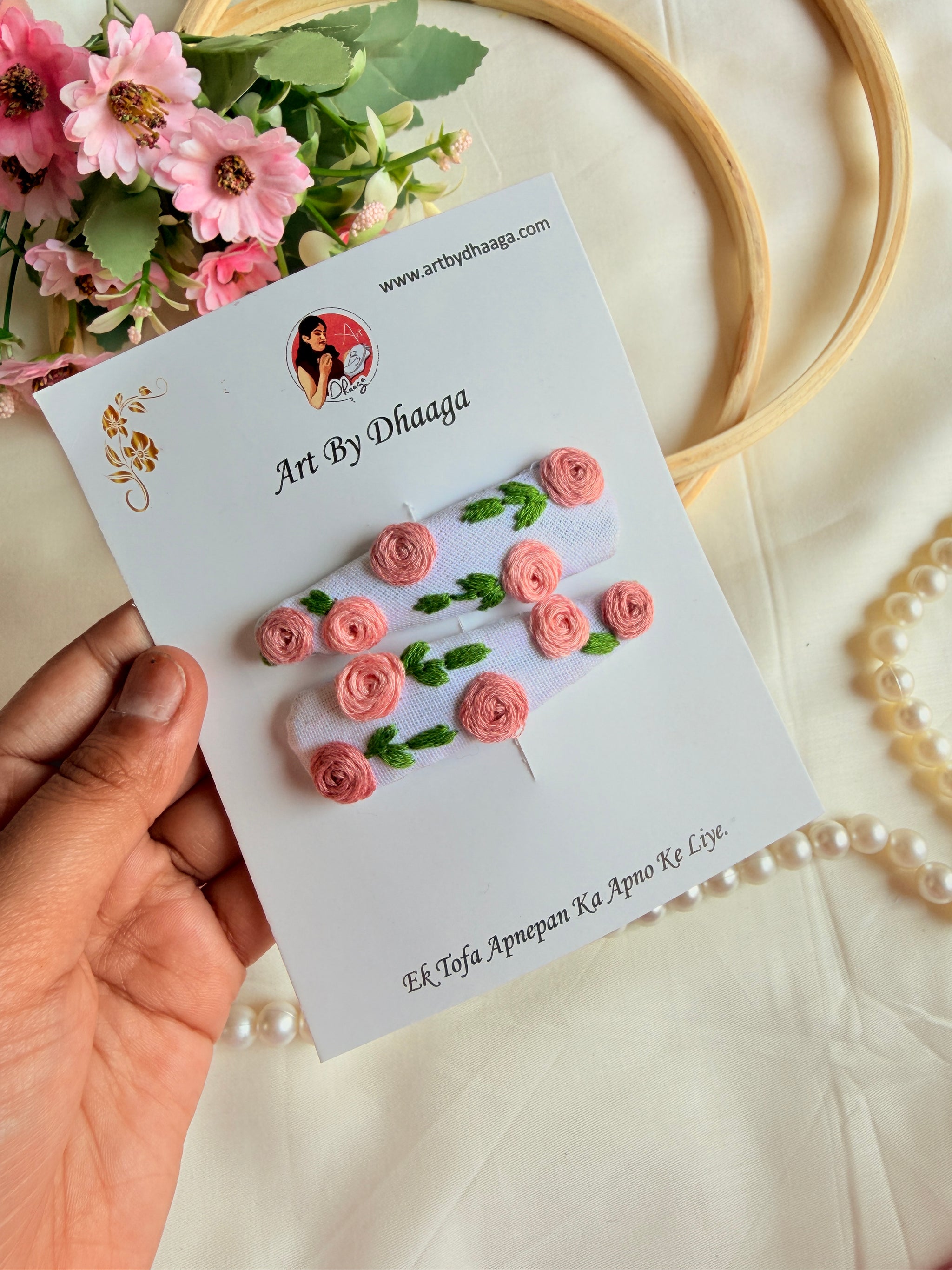 Gulaab Hand Embroidered Rose Tic-Tac Hair Clips
