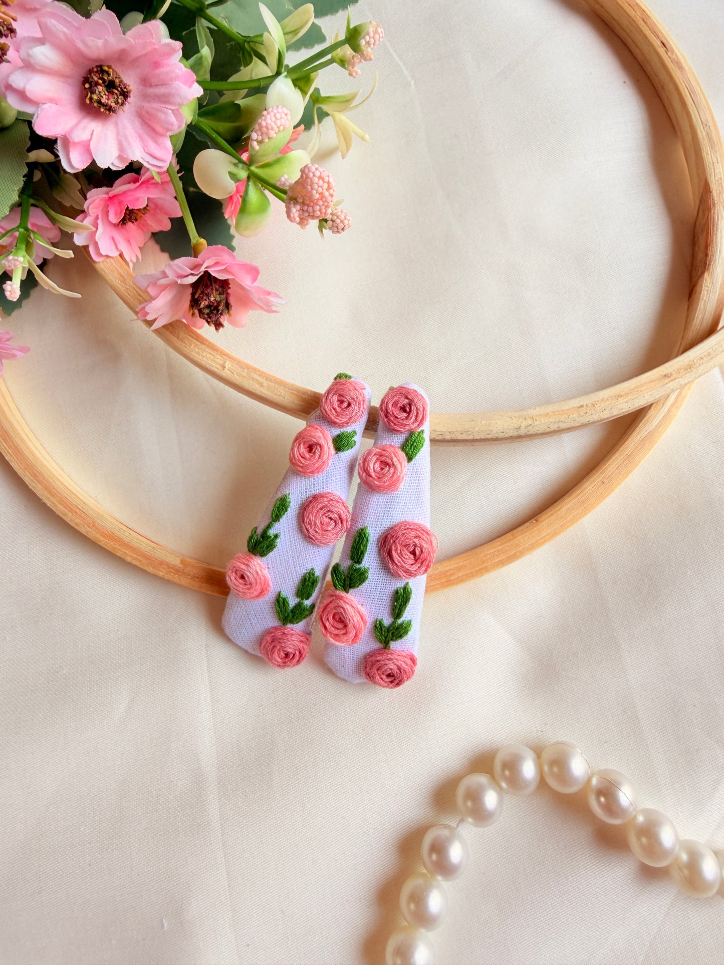Gulaab Hand Embroidered Rose Tic-Tac Hair Clips