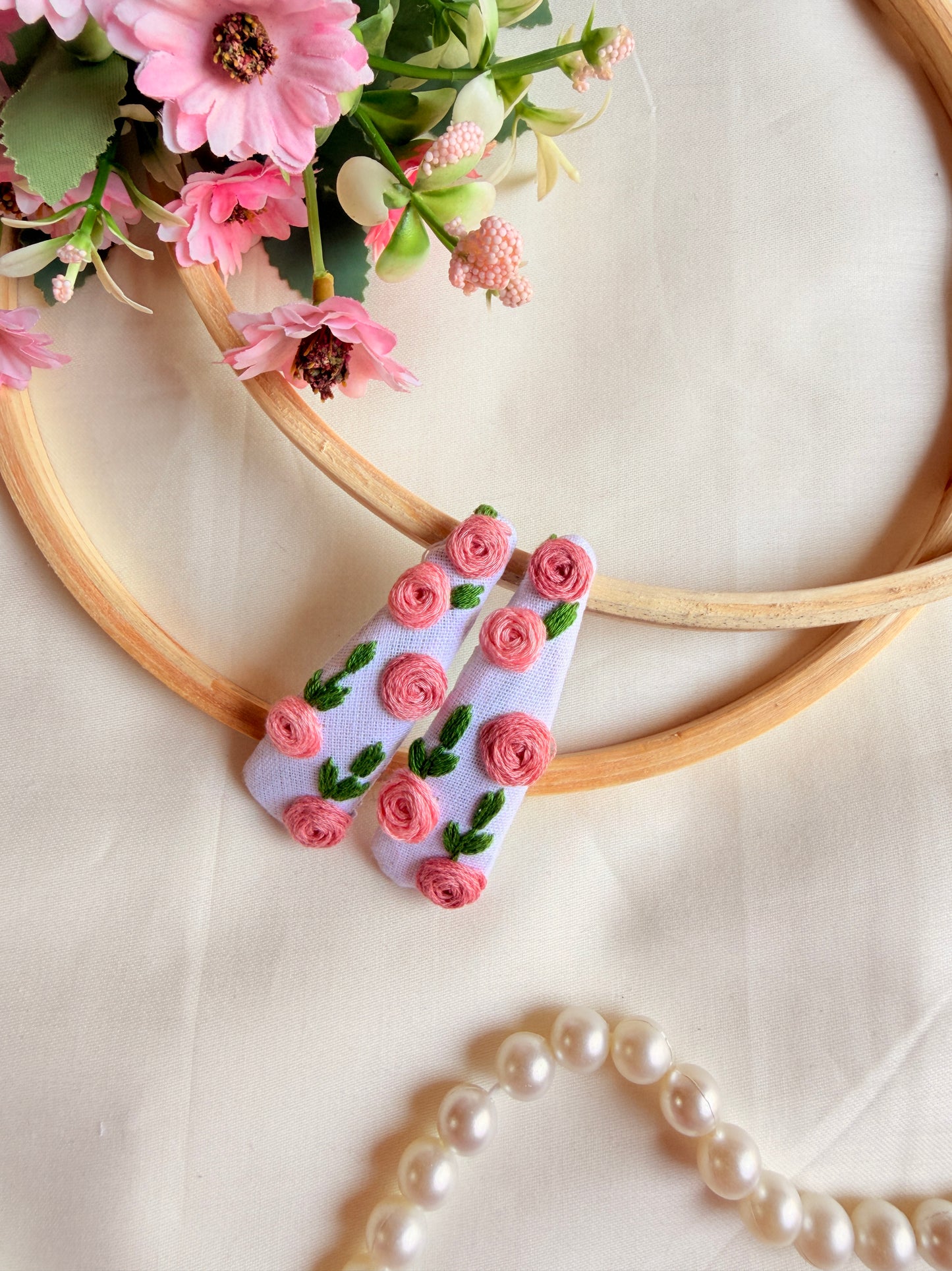 Gulaab Hand Embroidered Rose Tic-Tac Hair Clips