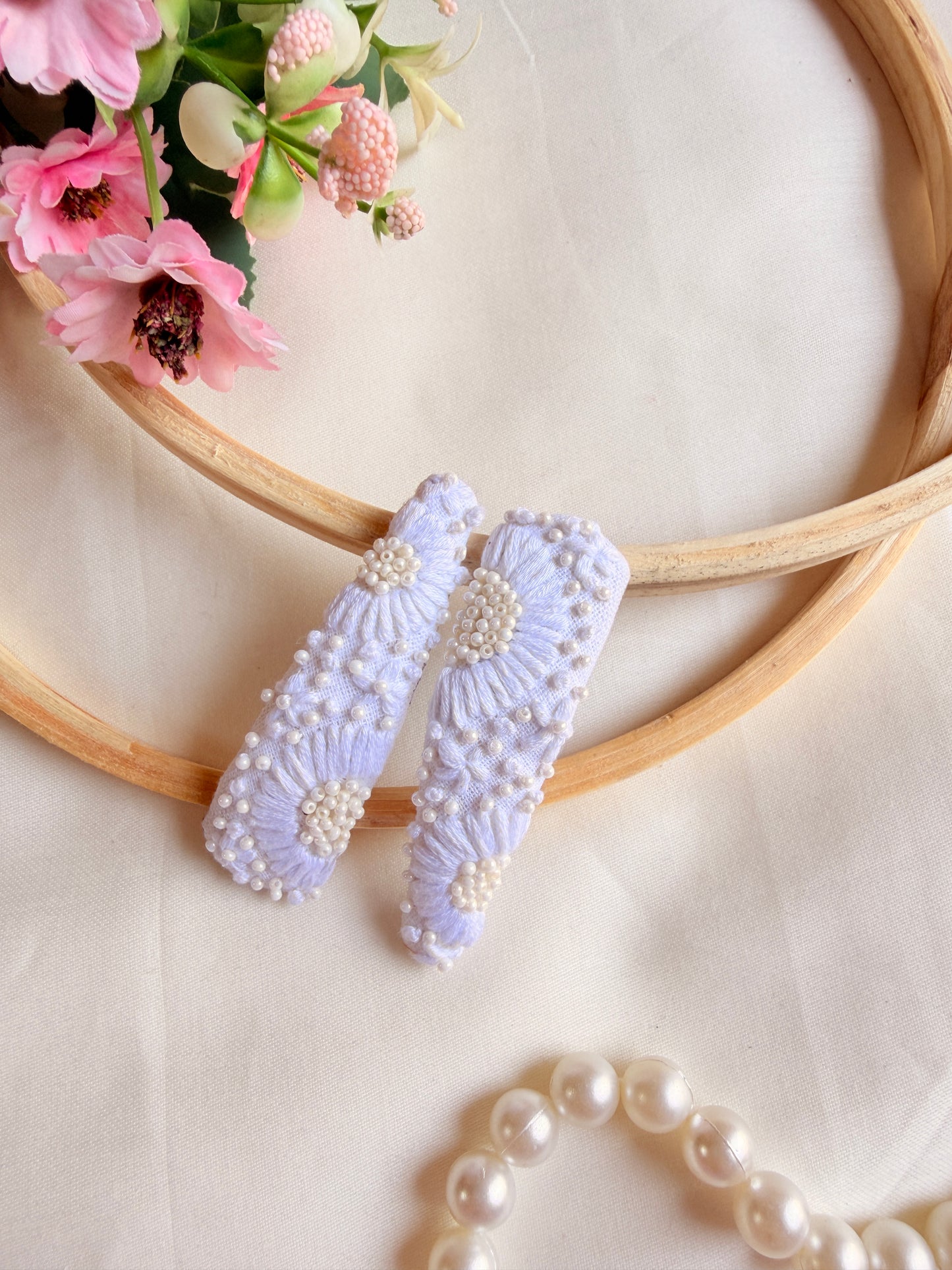 Saraswati Hand Embroidered Pearl White Tic-Tac Hair Clips