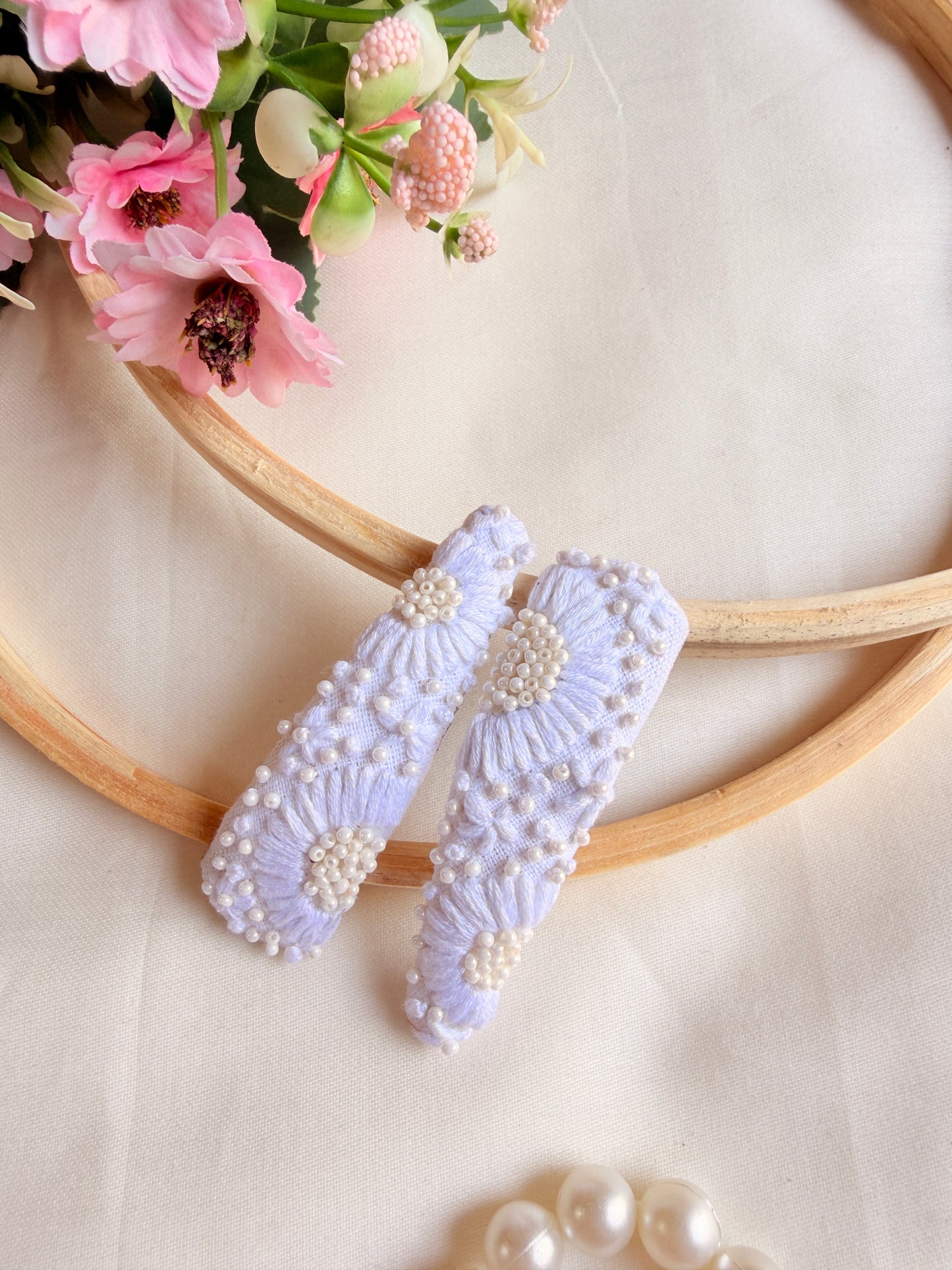 Saraswati Hand Embroidered Pearl White Tic-Tac Hair Clips
