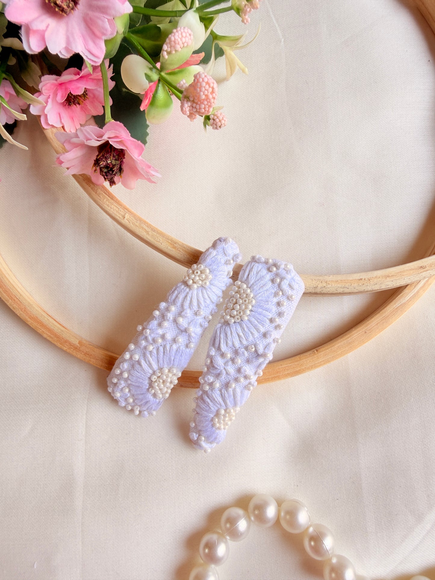 Saraswati Hand Embroidered Pearl White Tic-Tac Hair Clips