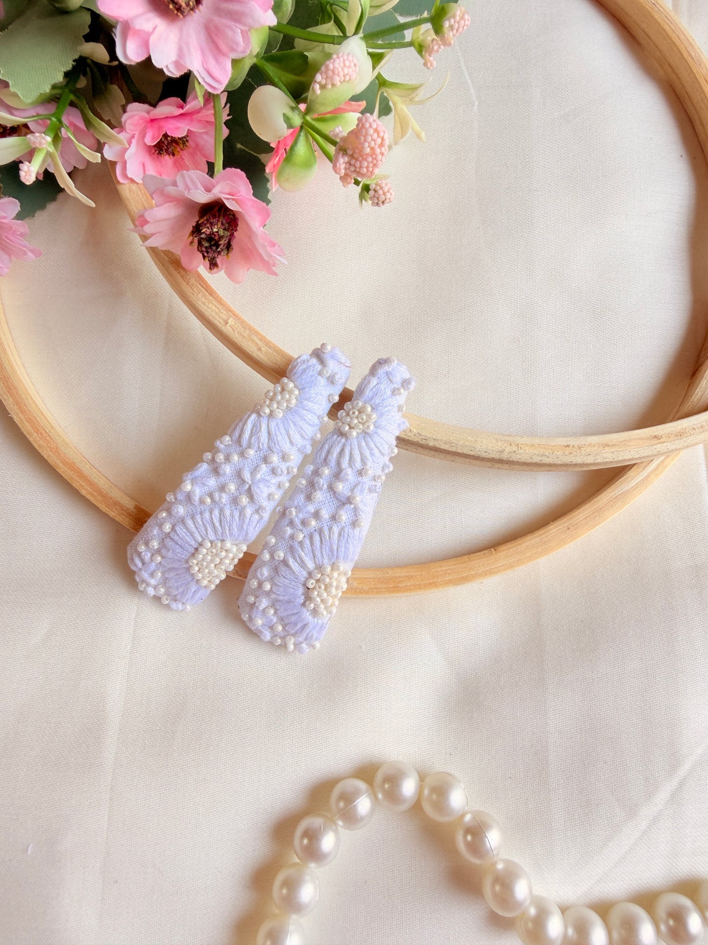 Saraswati Hand Embroidered Pearl White Tic-Tac Hair Clips