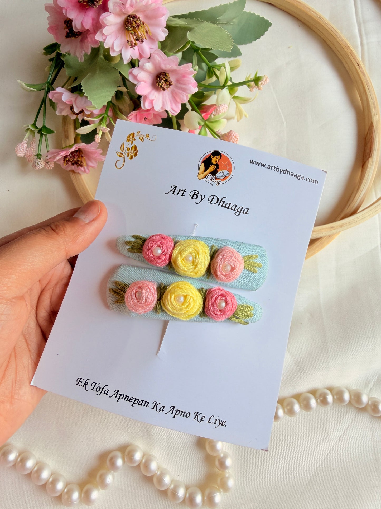 Niya Sky Blue Hand Embroidered Floral Tic-Tac Hair Clips