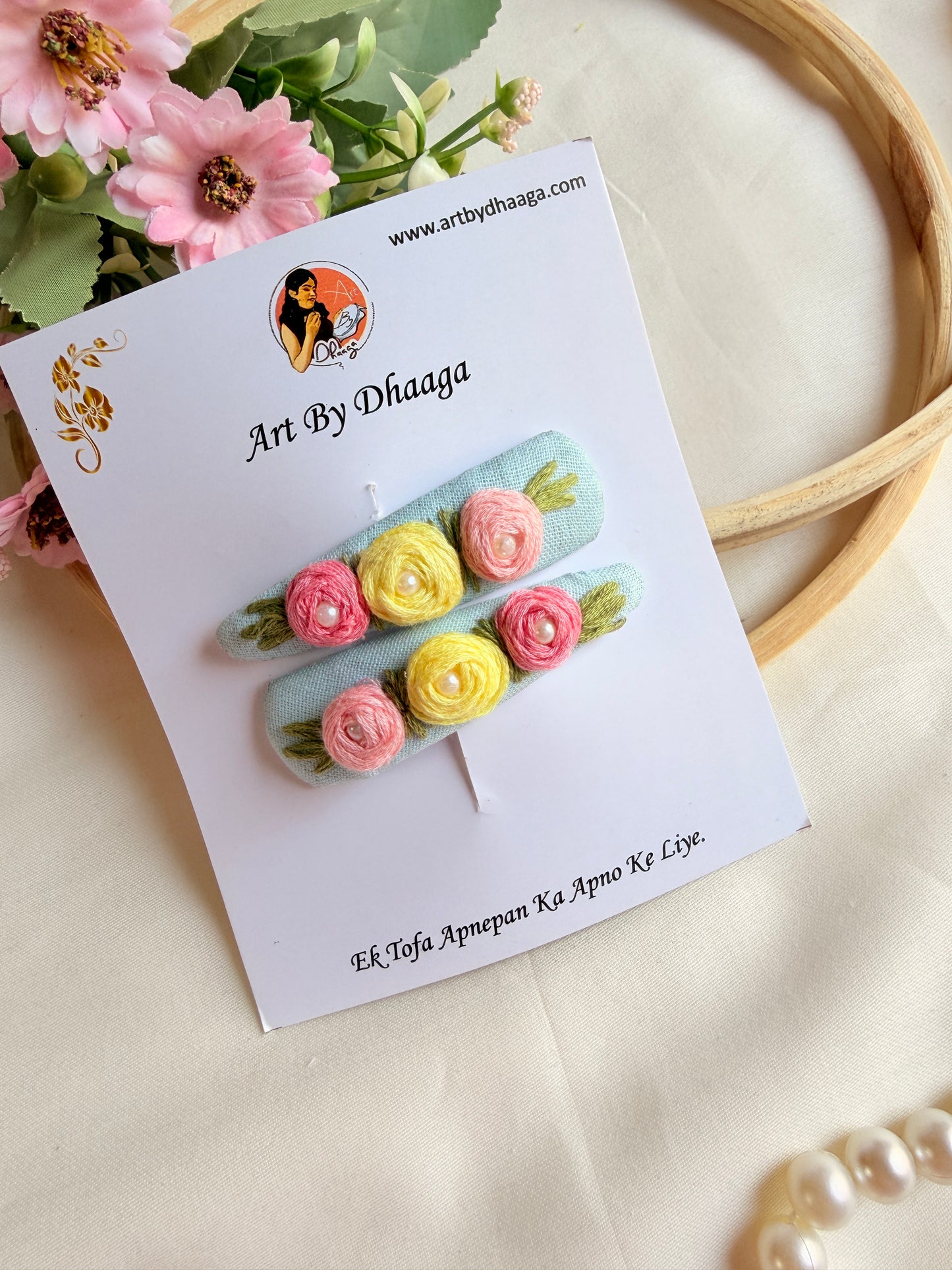 Niya Sky Blue Hand Embroidered Floral Tic-Tac Hair Clips