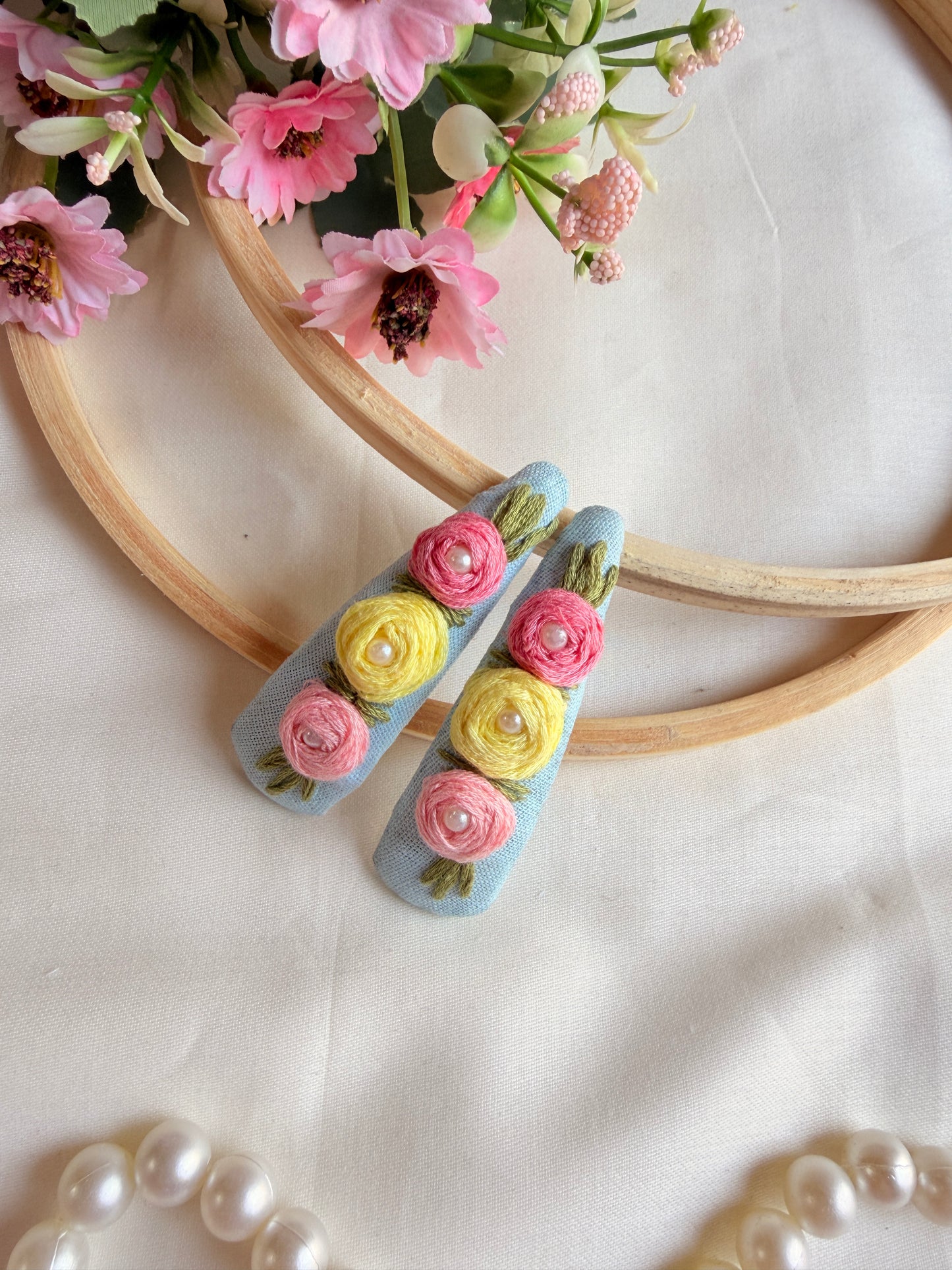Niya Sky Blue Hand Embroidered Floral Tic-Tac Hair Clips