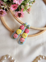 Niya Sky Blue Hand Embroidered Floral Tic-Tac Hair Clips