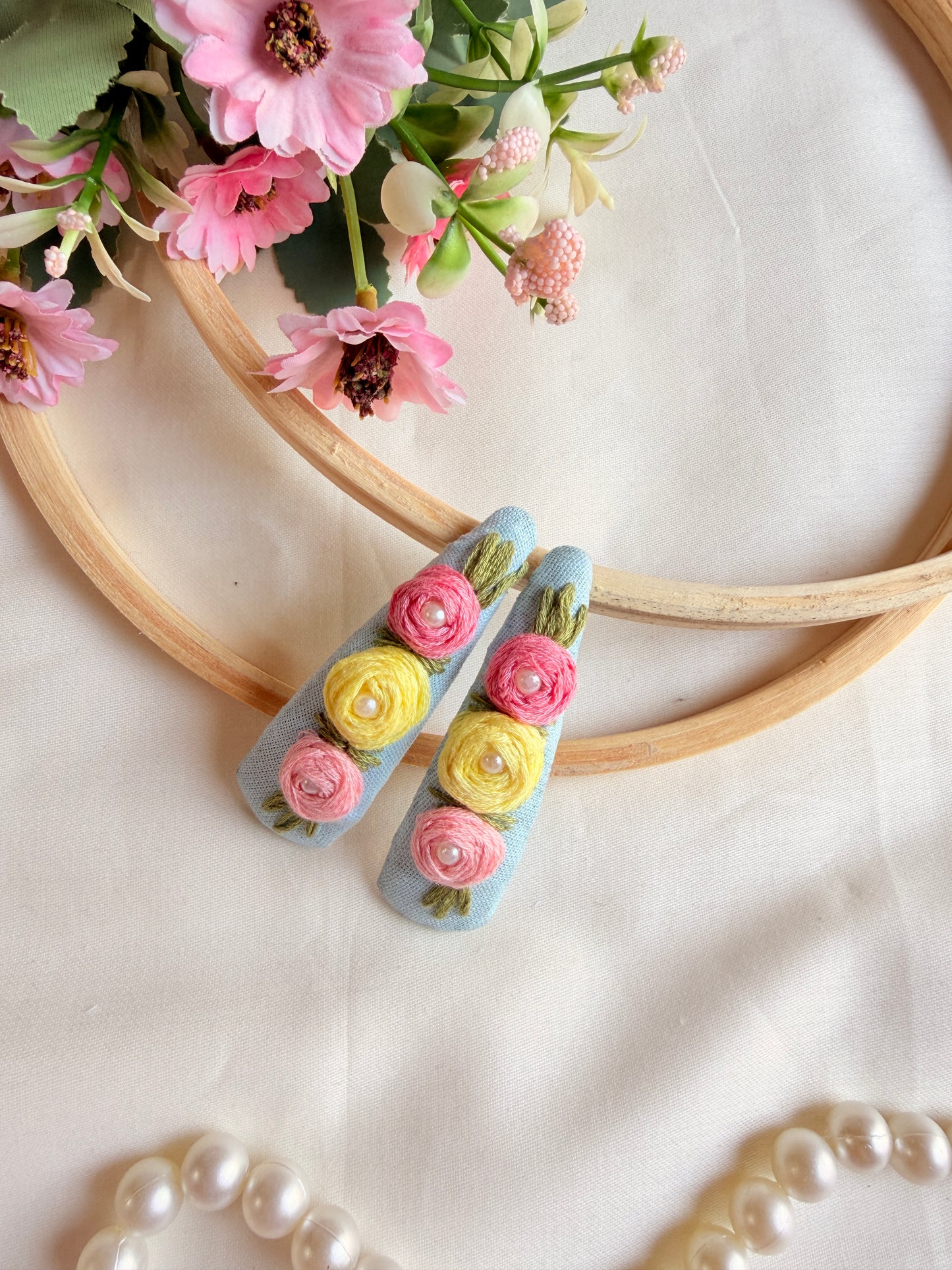 Niya Sky Blue Hand Embroidered Floral Tic-Tac Hair Clips