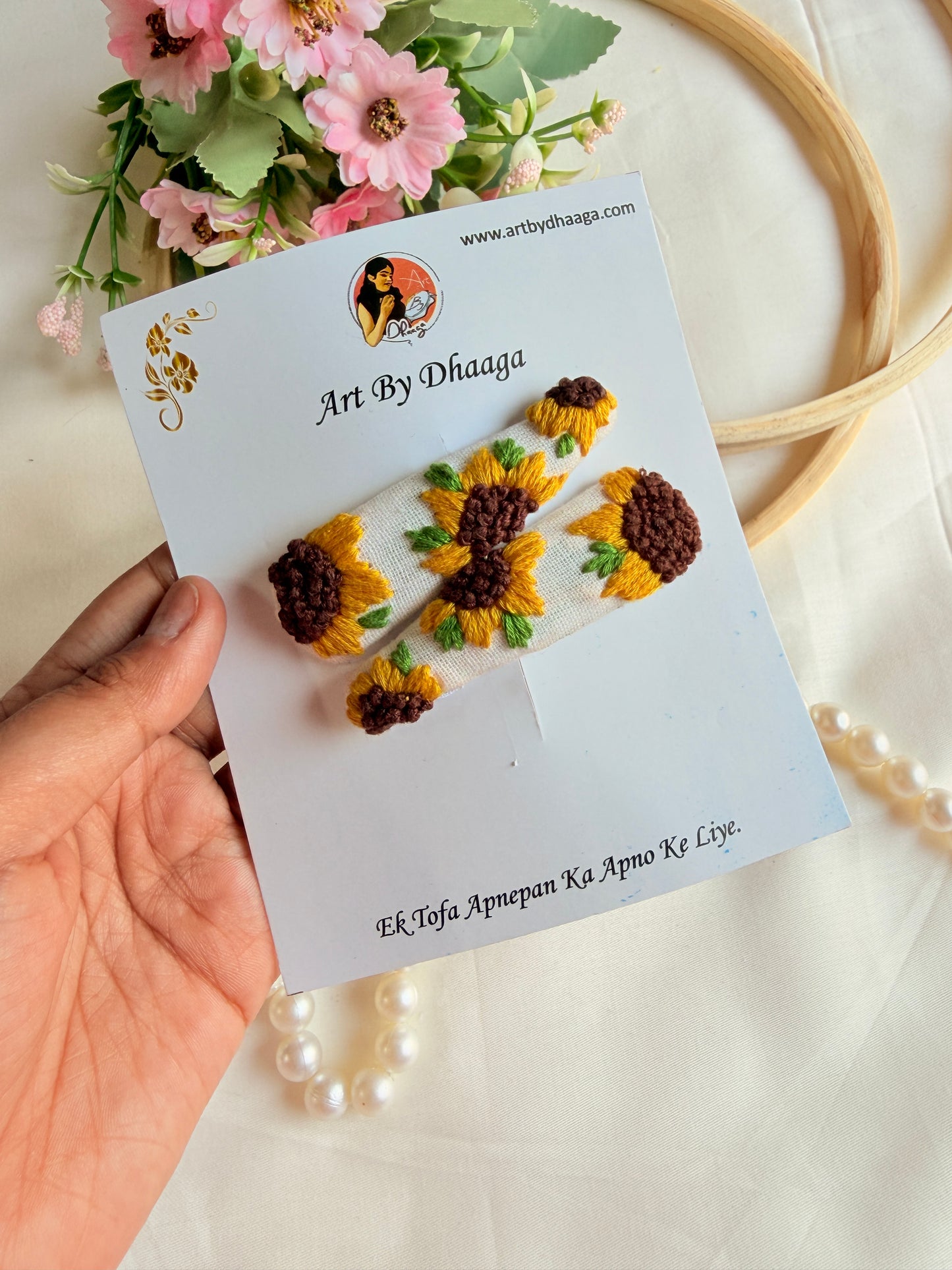 Sunflower Hand Embroidered White Floral Tic-Tac Hair Clips