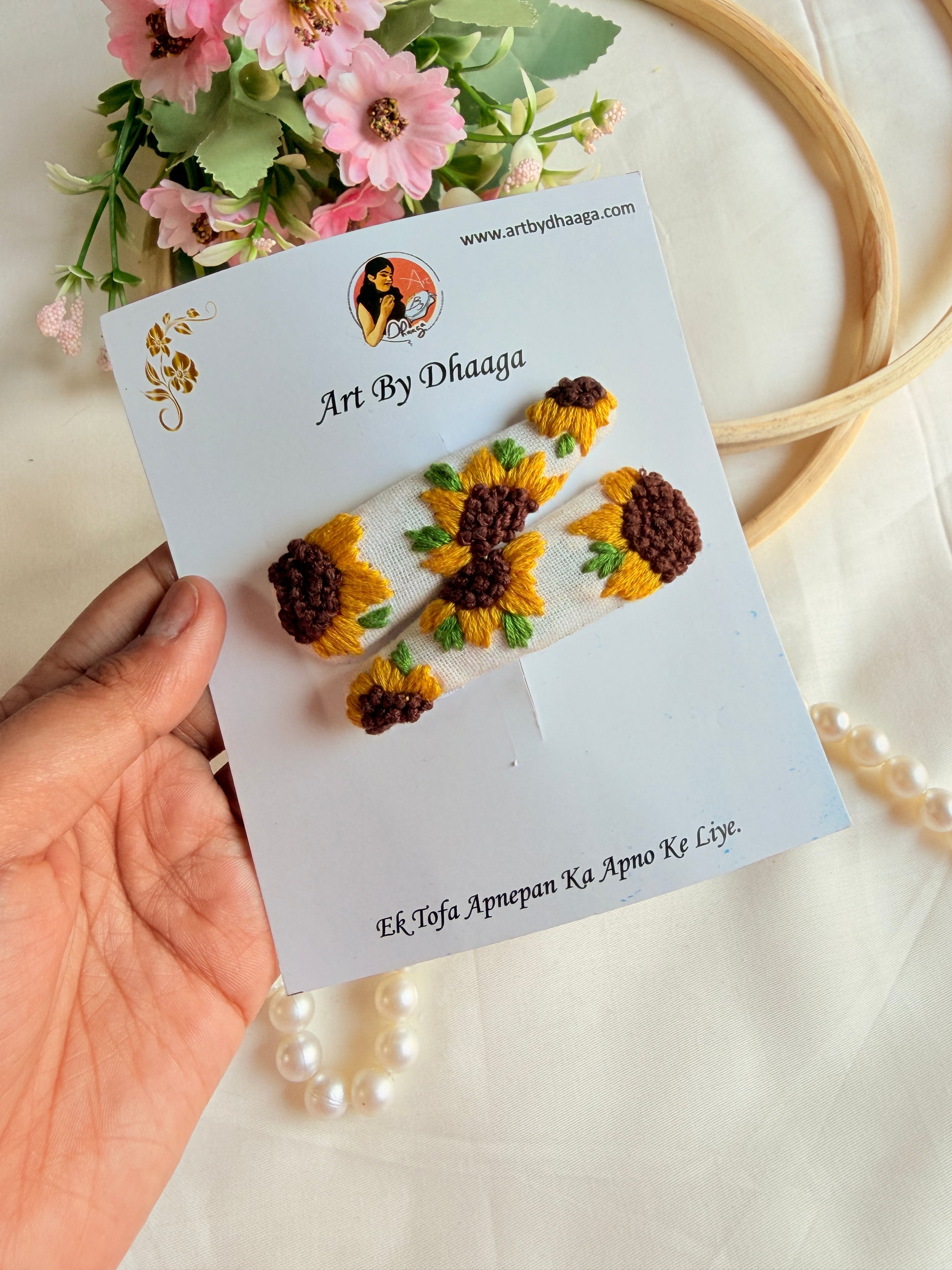 Sunflower Hand Embroidered White Floral Tic-Tac Hair Clips