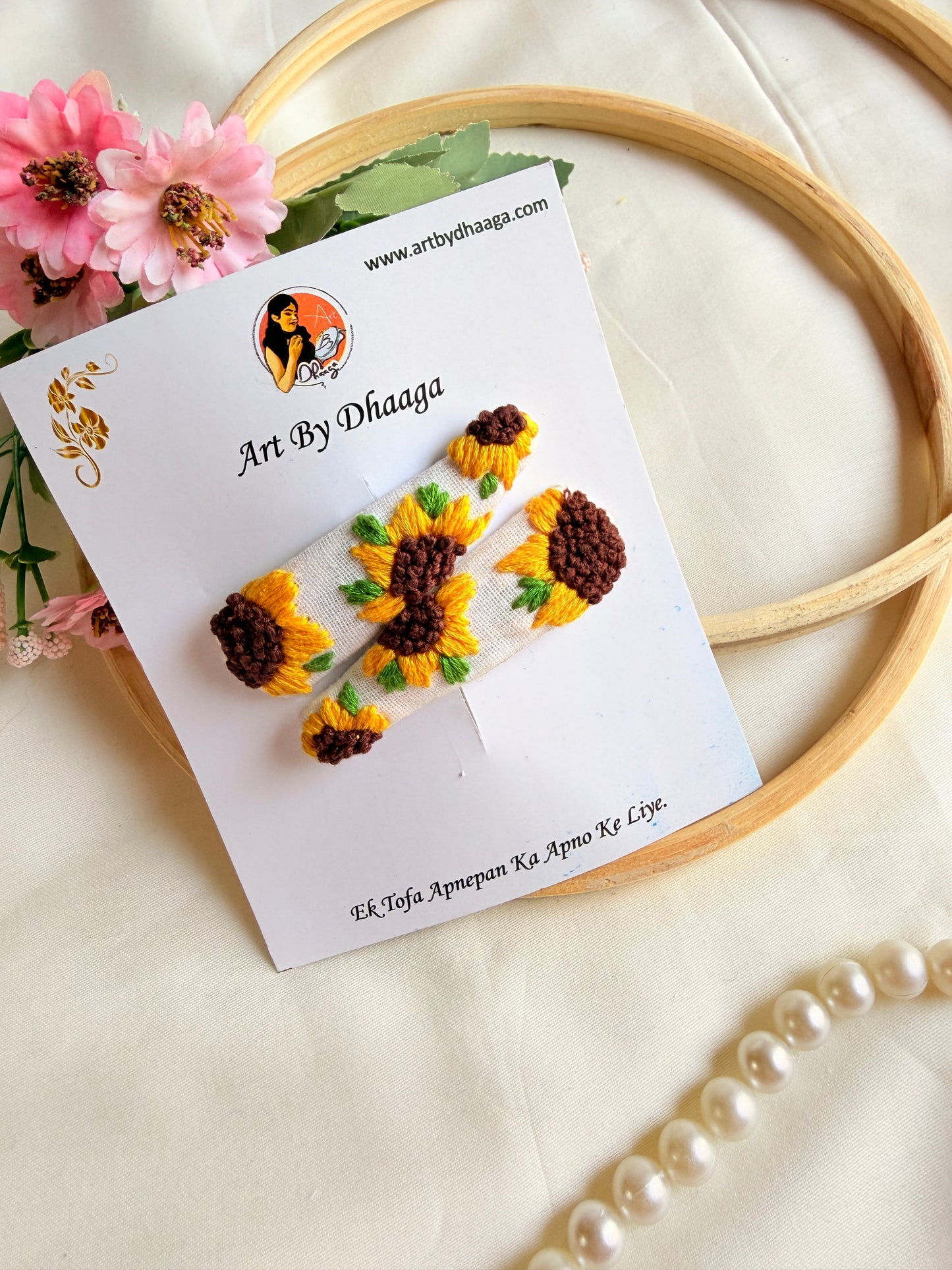 Sunflower Hand Embroidered White Floral Tic-Tac Hair Clips